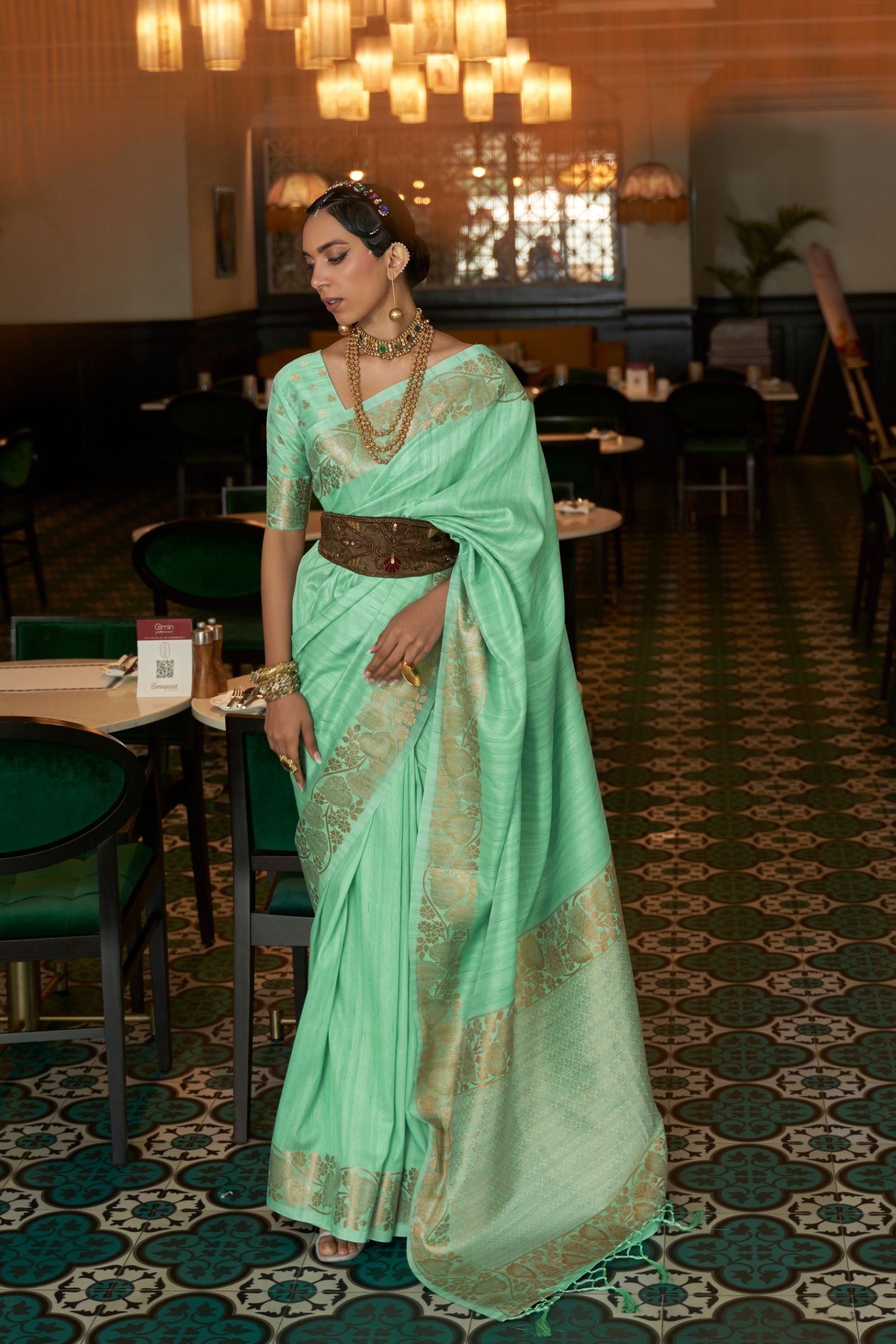 Mint Green Zari Border Tussar Silk Saree