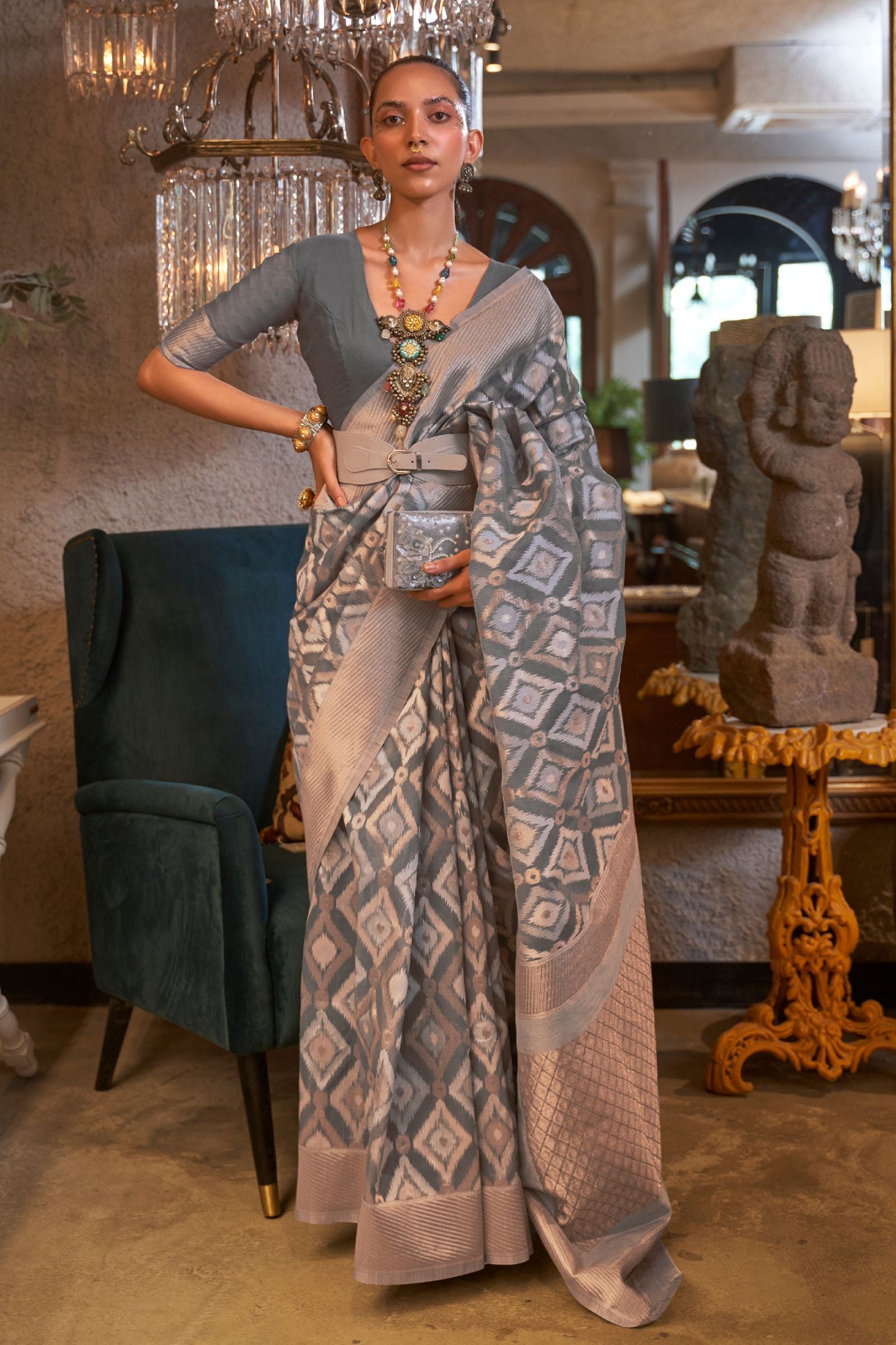 Gray Zari Woven Linen Saree