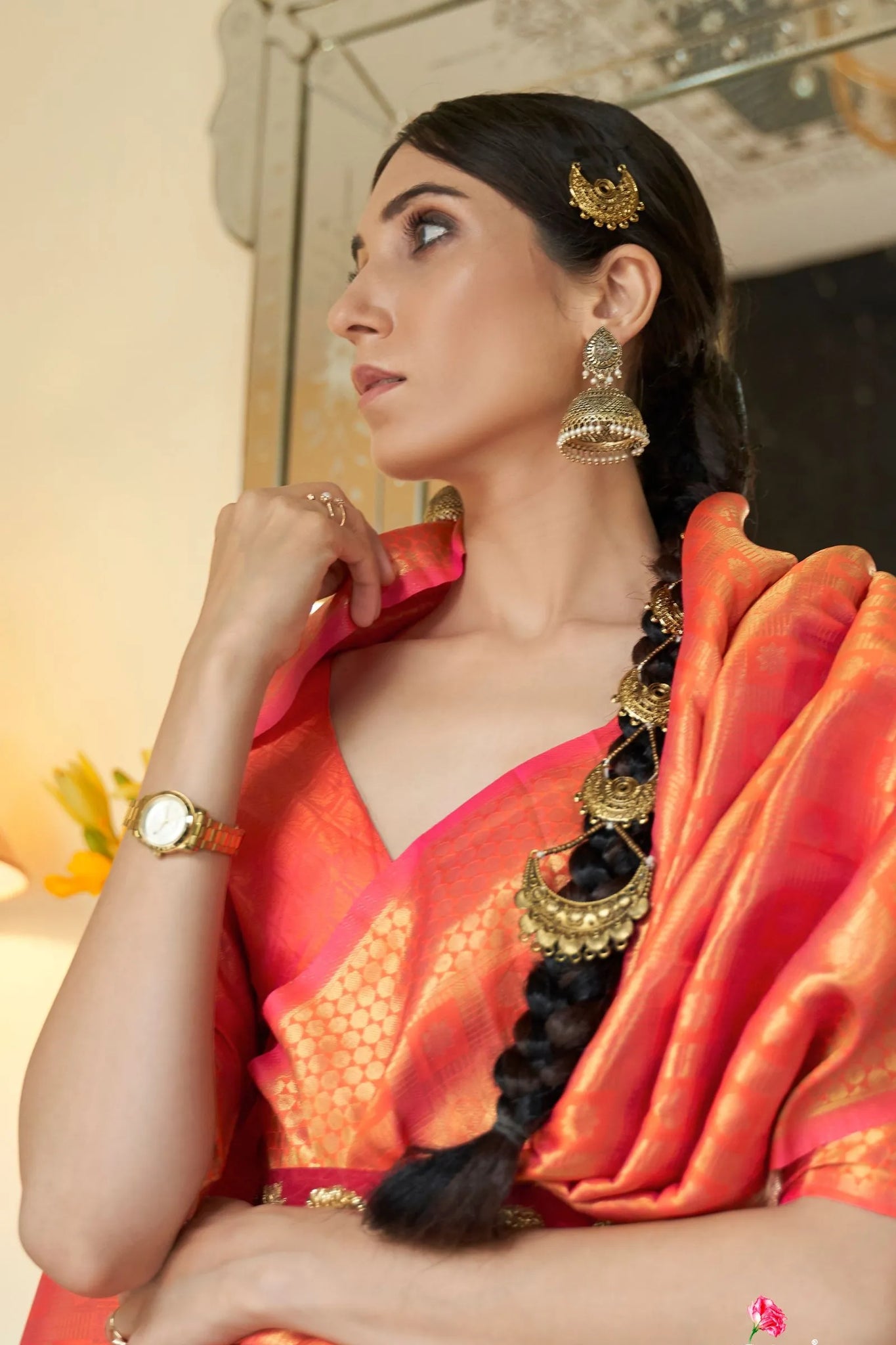Orange Zari Woven Silk Saree