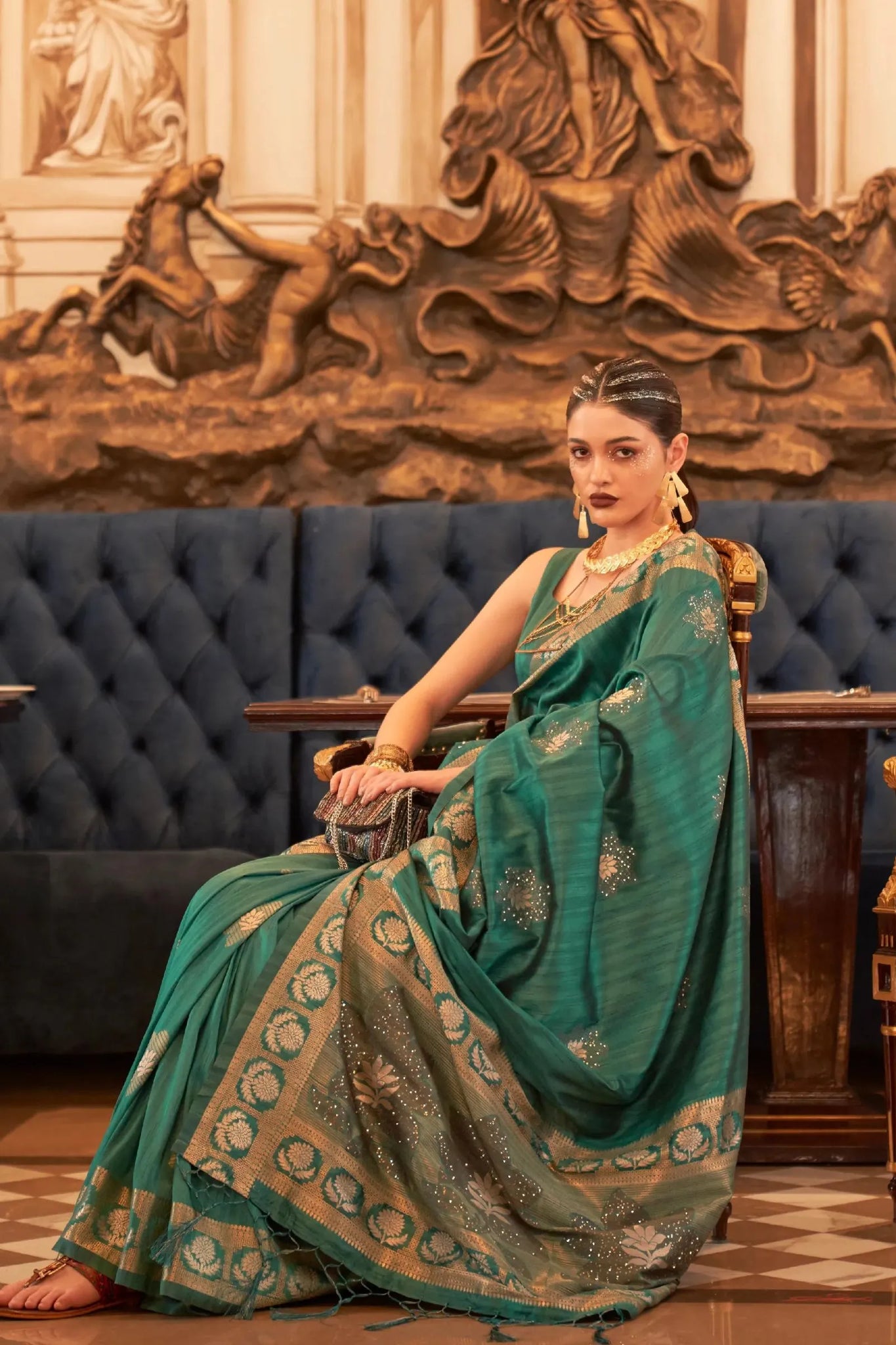 Rama Green Sequins Tussar Silk Saree