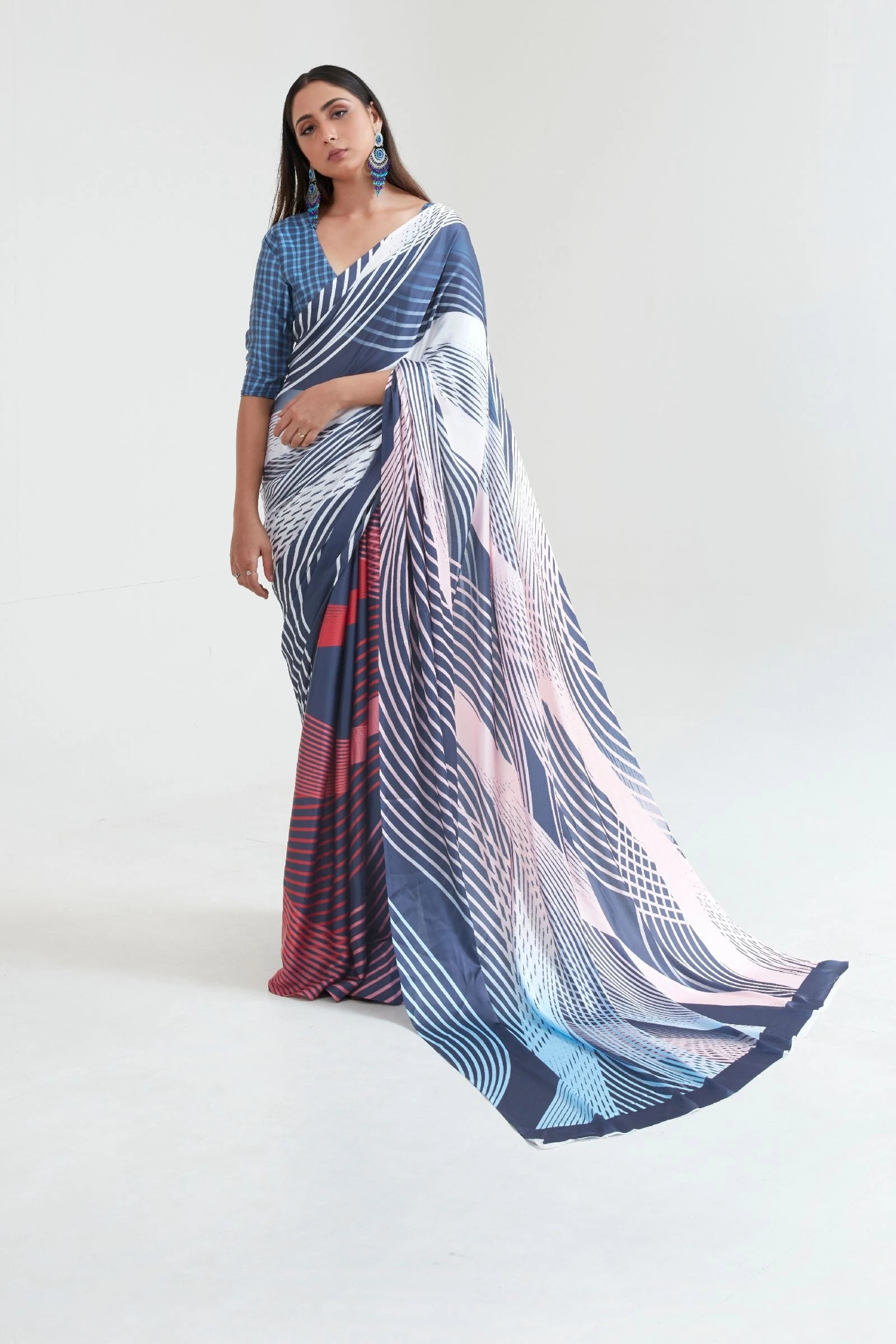 Steel Blue Stripes Satin Saree