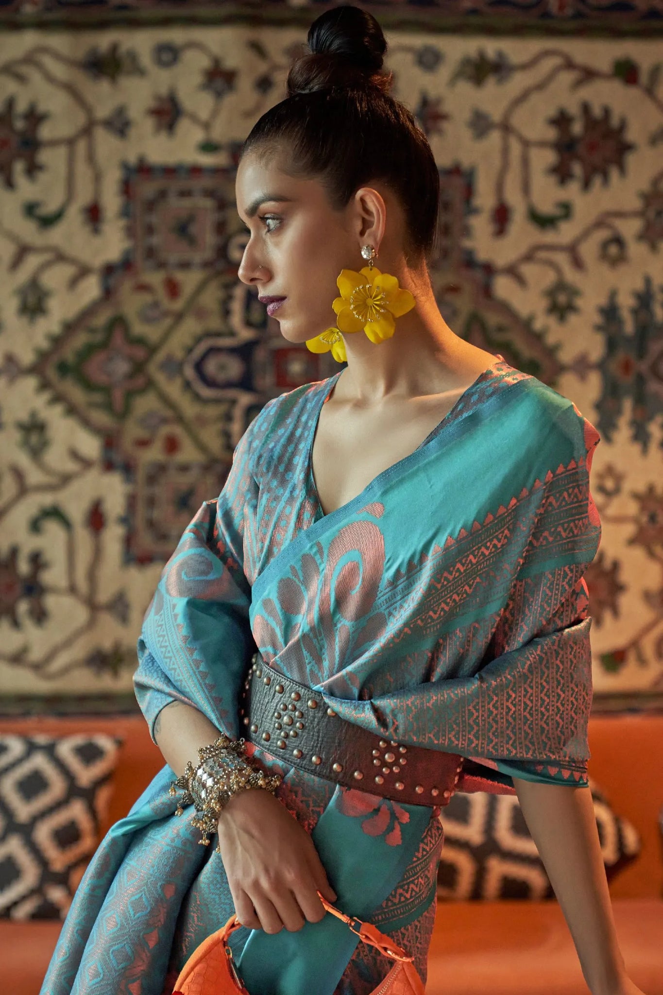 Teal Green Designer Copper Zari Silk Saree