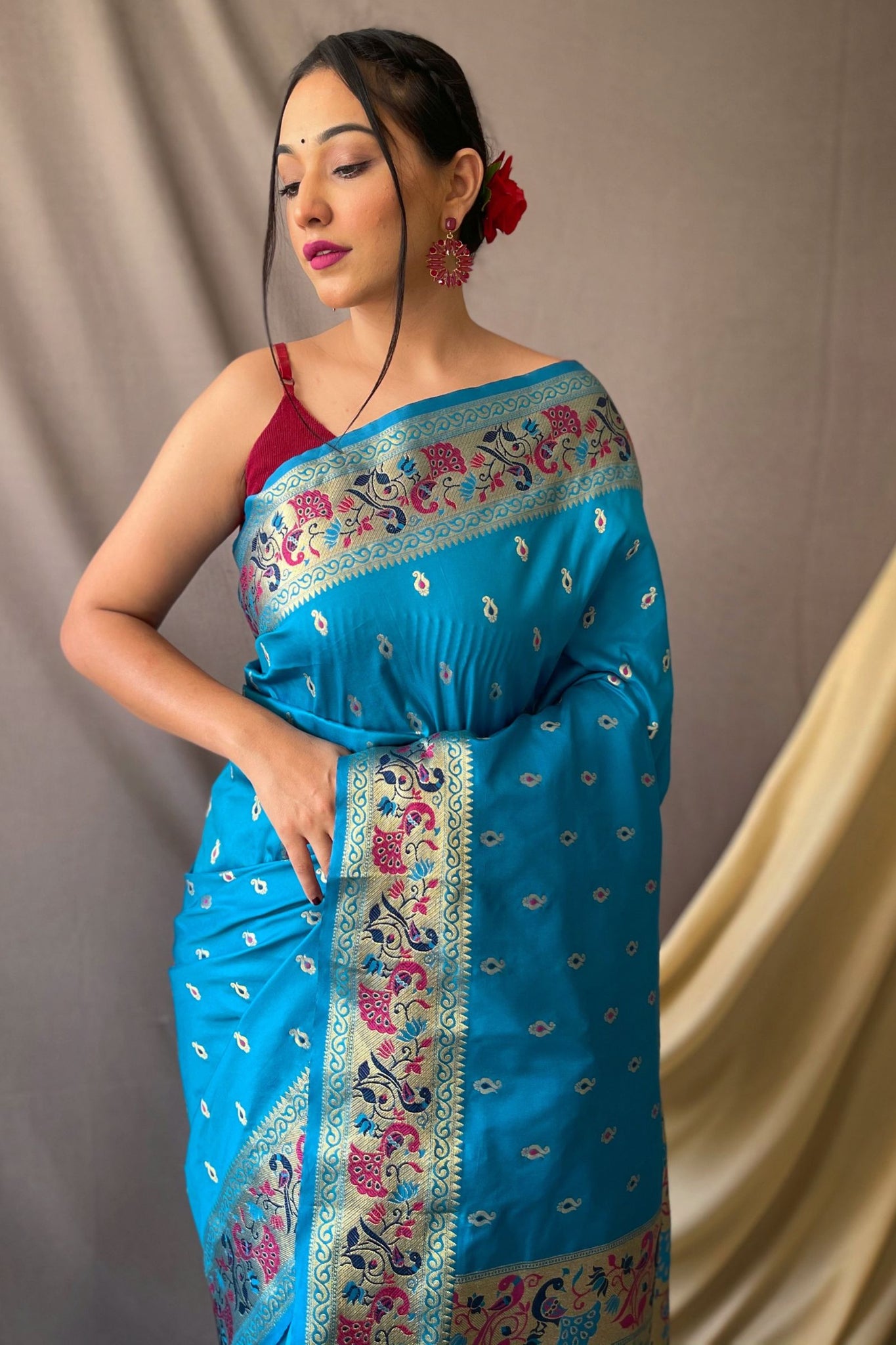 Bright Turquoise Paithani Silk Meenakari Saree