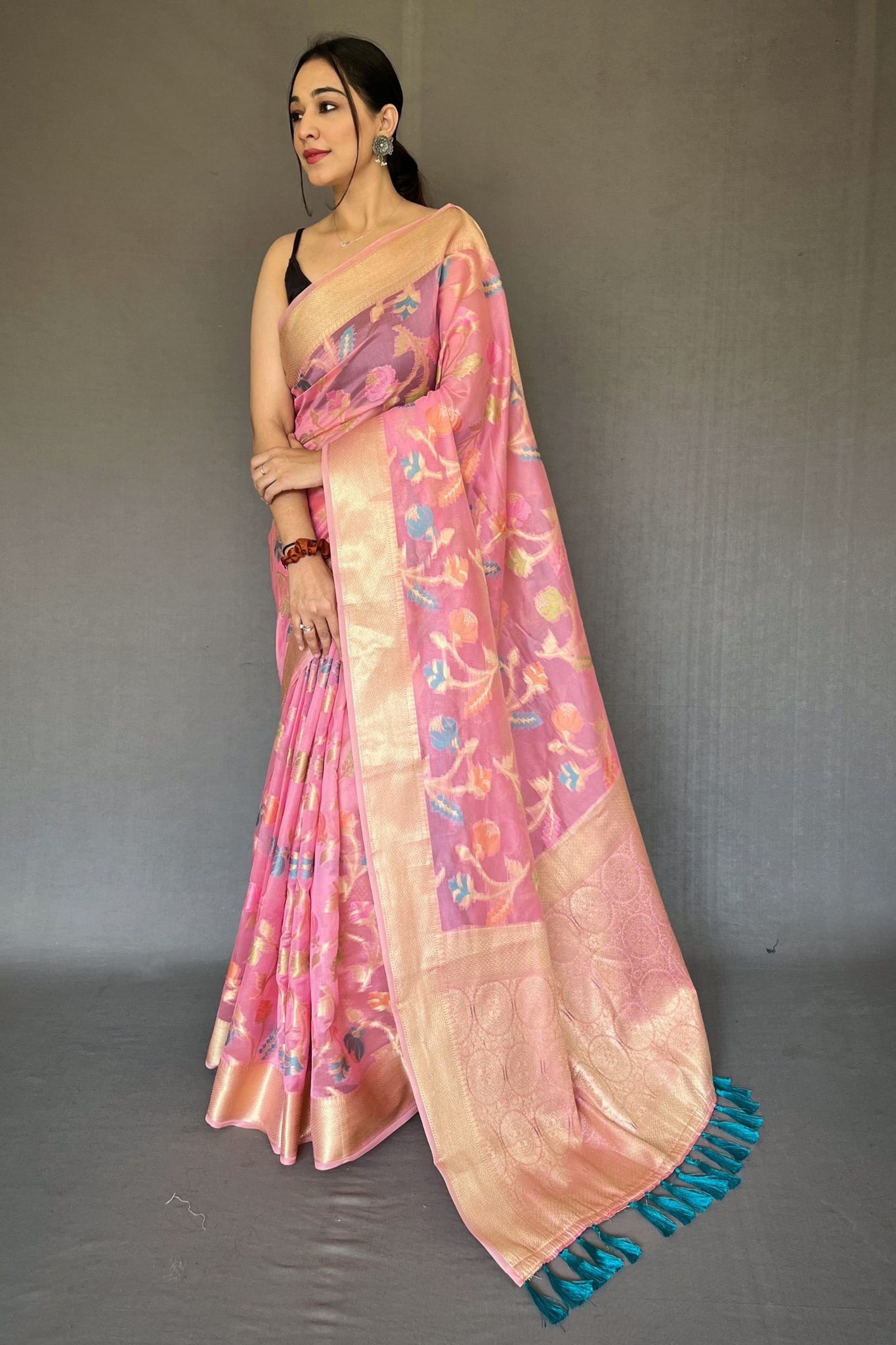 Sea Pink Organza Silk Saree with Meena Work