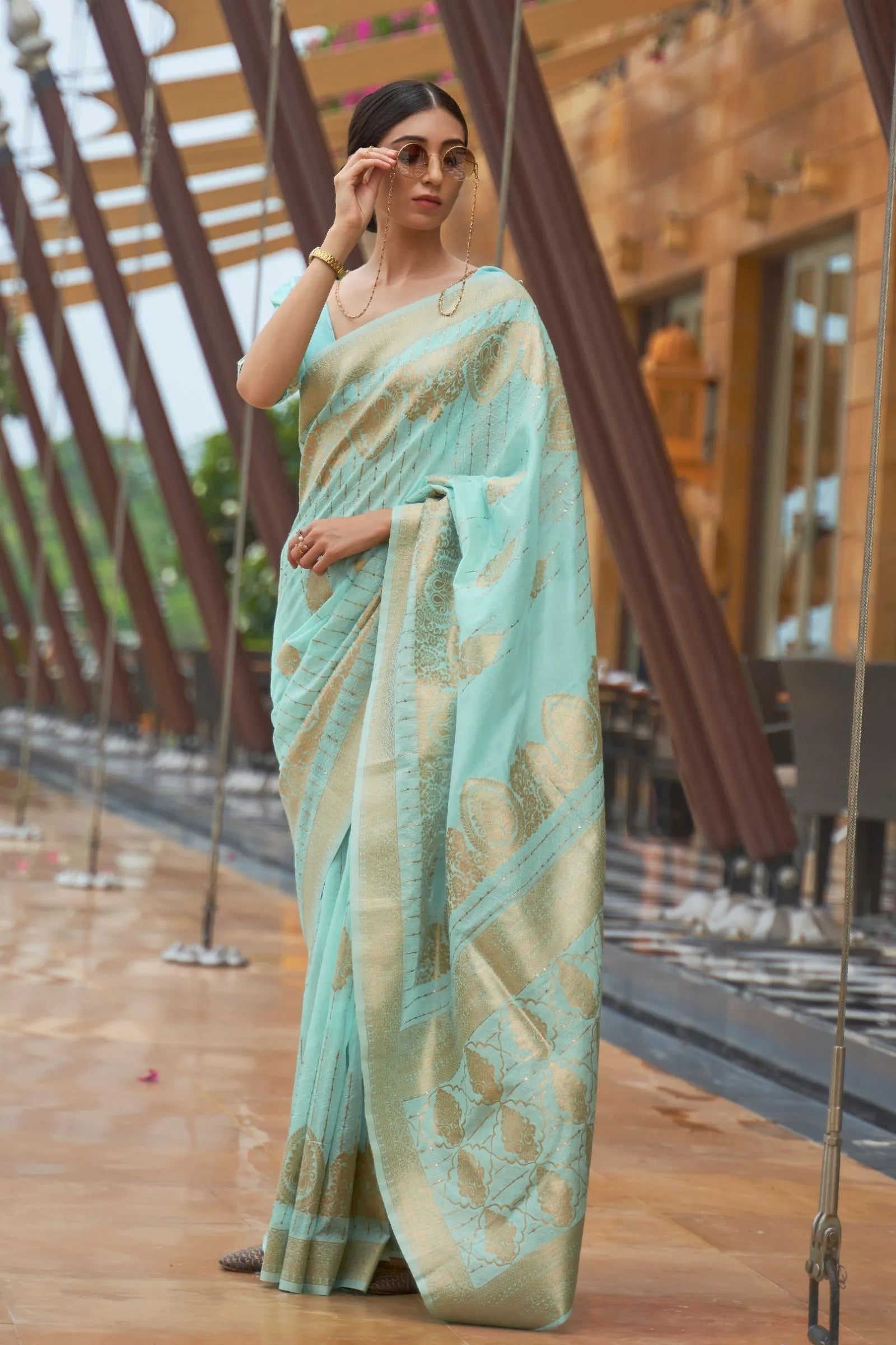 Sky Blue Sequins Work Modal Saree