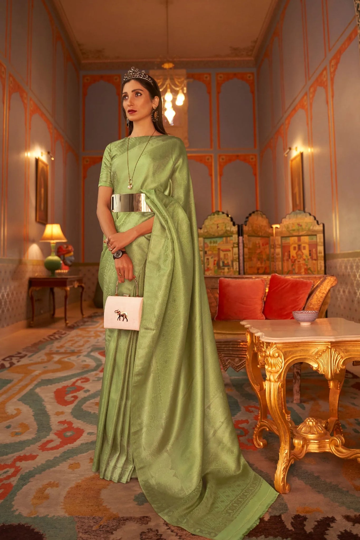 Mint Green Zari Weaving Satin Saree