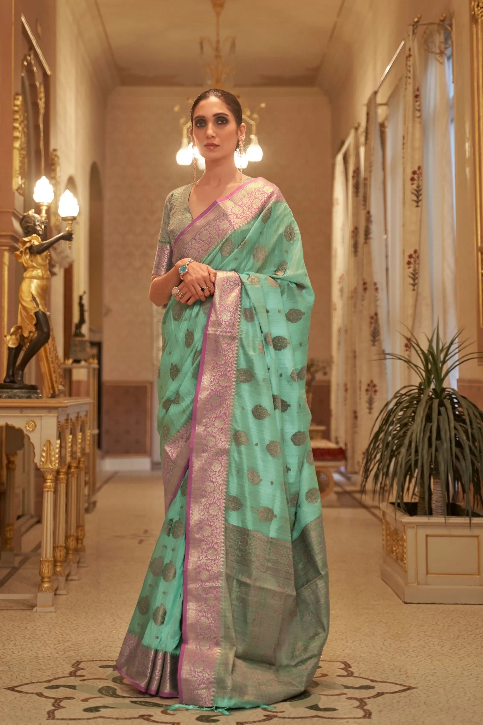 Mint Green Zari Woven Tussar Silk Saree