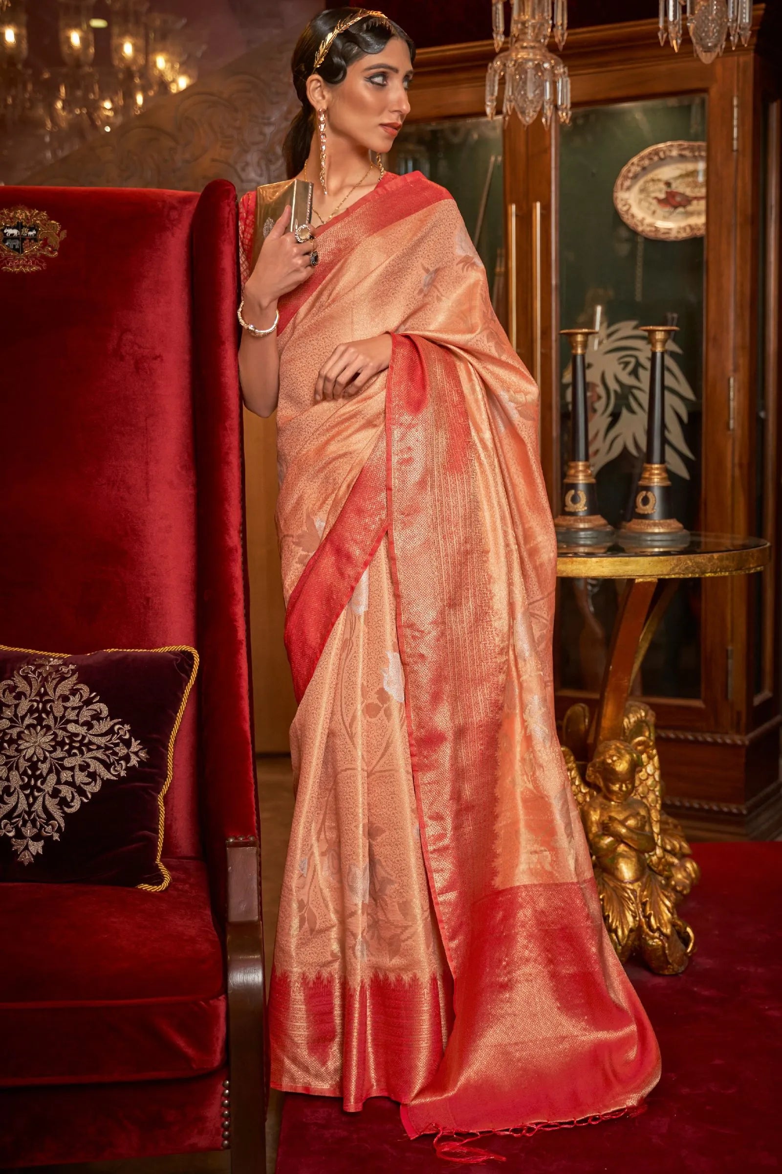 Peach with Orange Border Shimmer Silk Saree