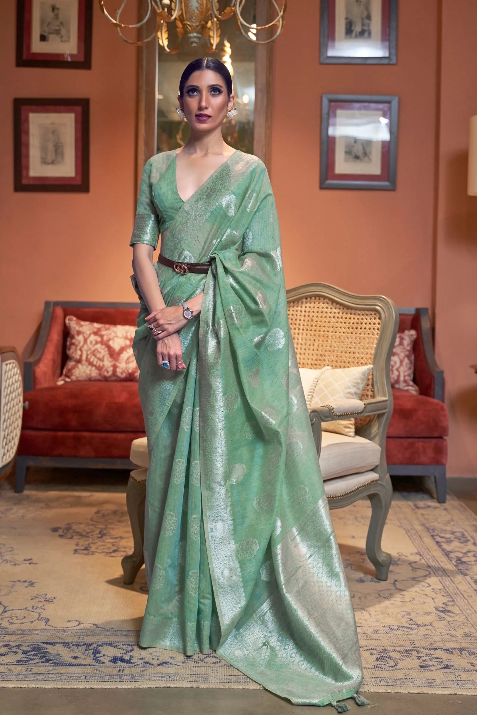 Cyan Green Zari Woven Linen Saree