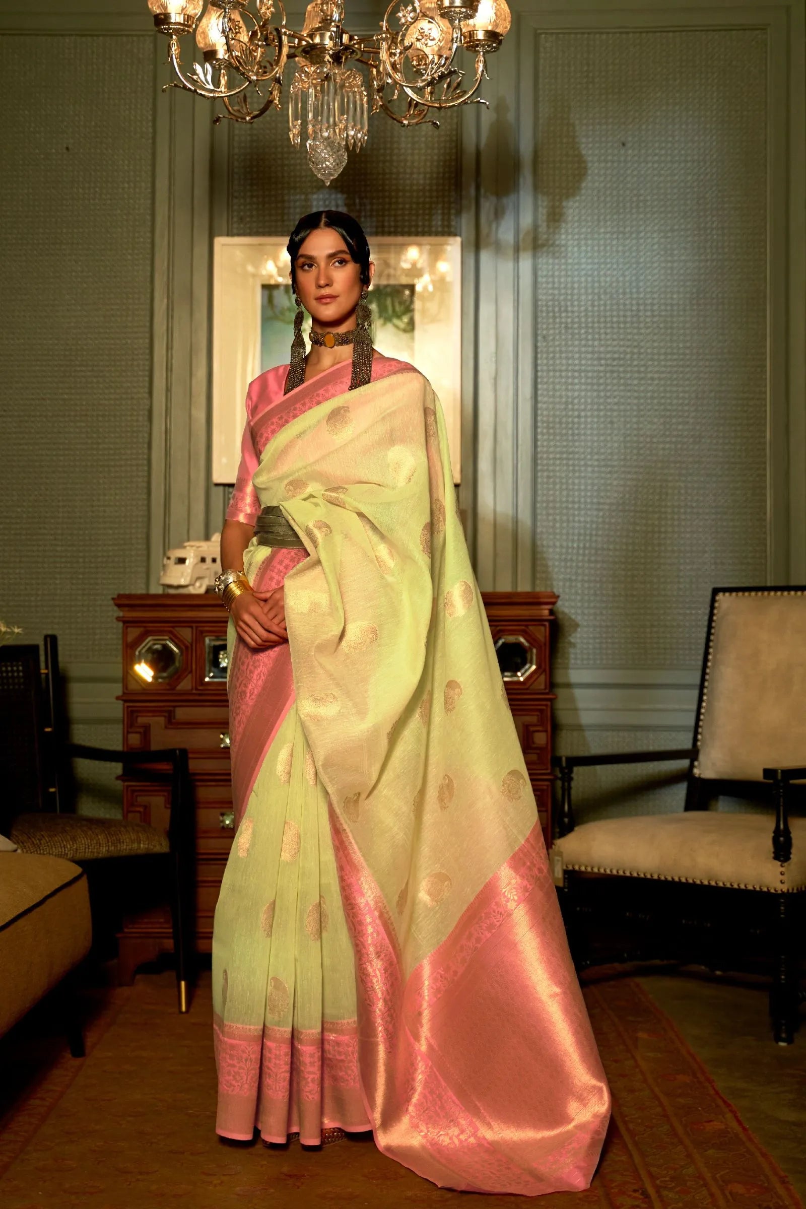 Pastel Yellow Copper Zari Linen Saree