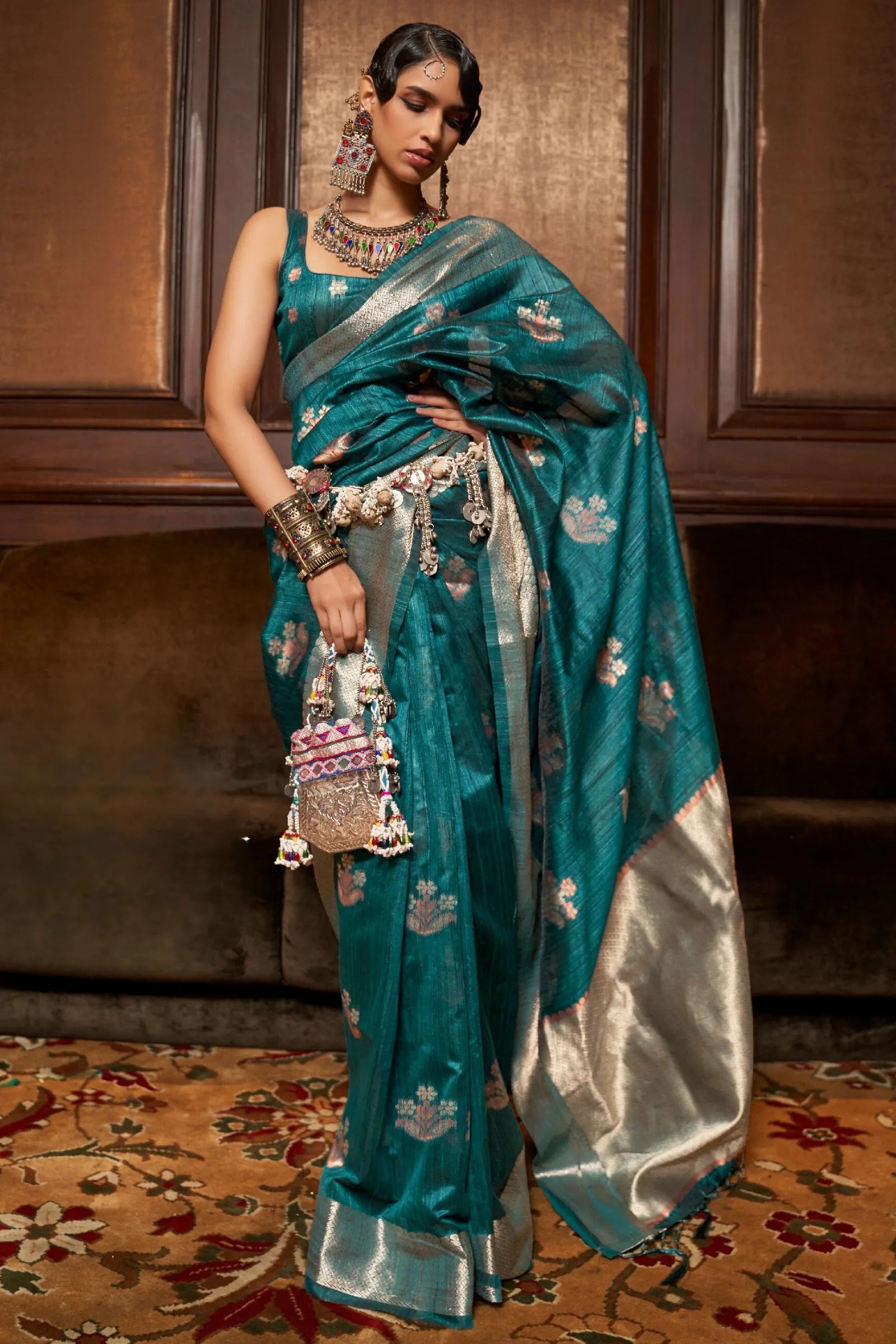 Teal Blue Copper Zari Tussar Silk Saree