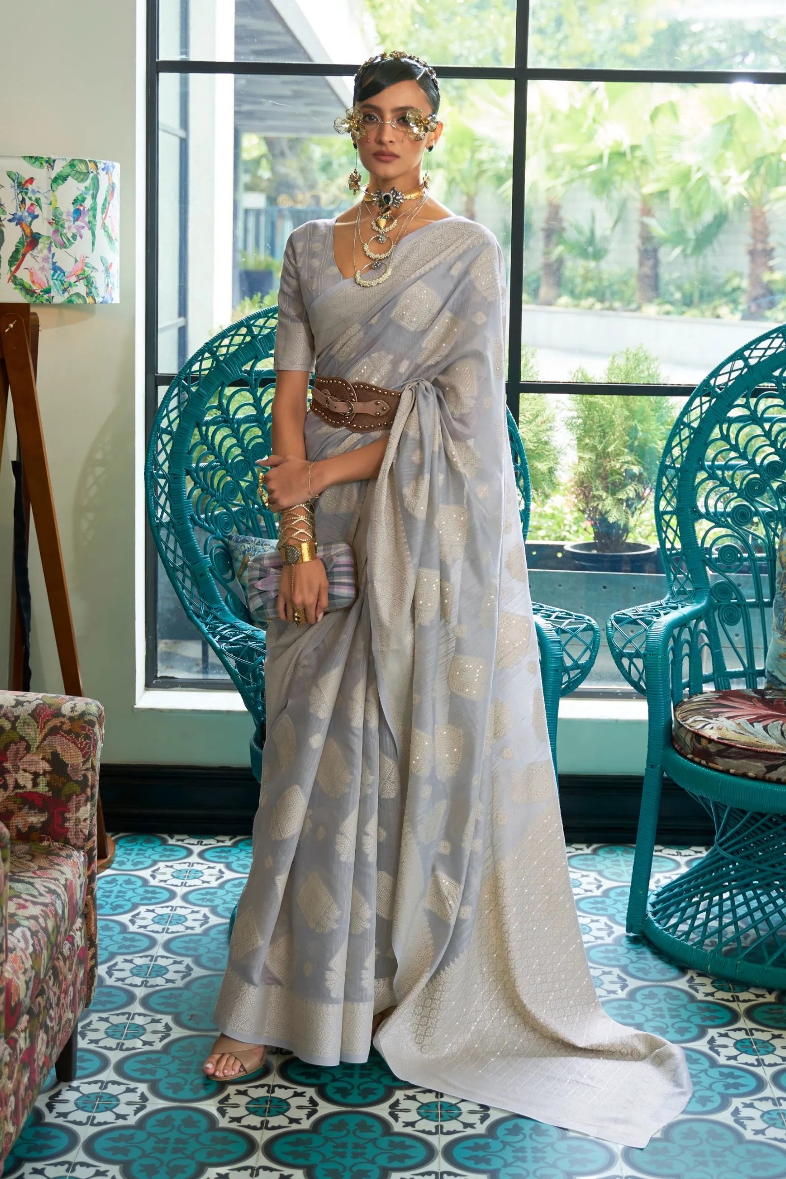 Gray Chikankari Sequins Lucknowi Woven Saree