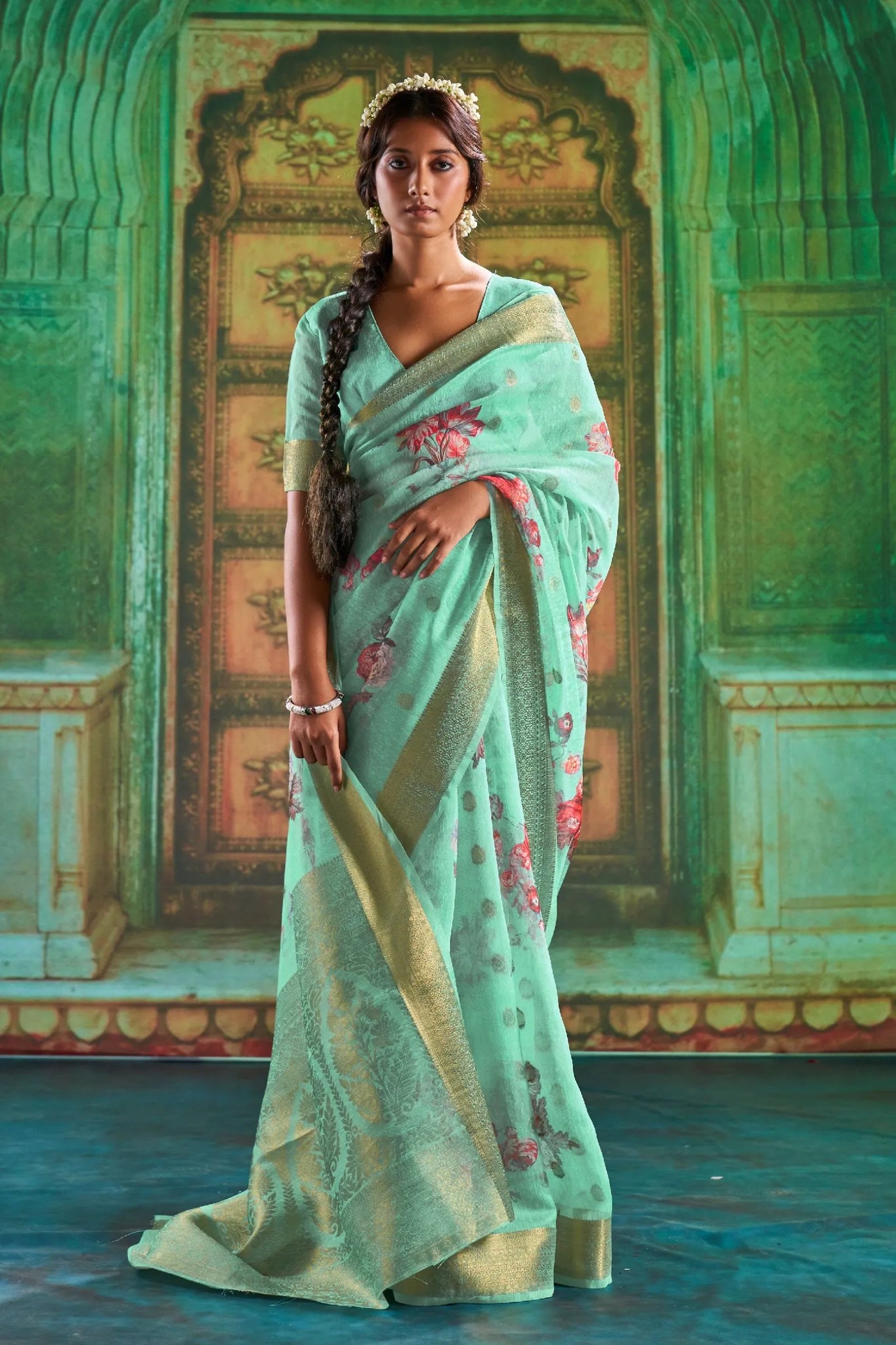 Sea Green Printed Silk Saree
