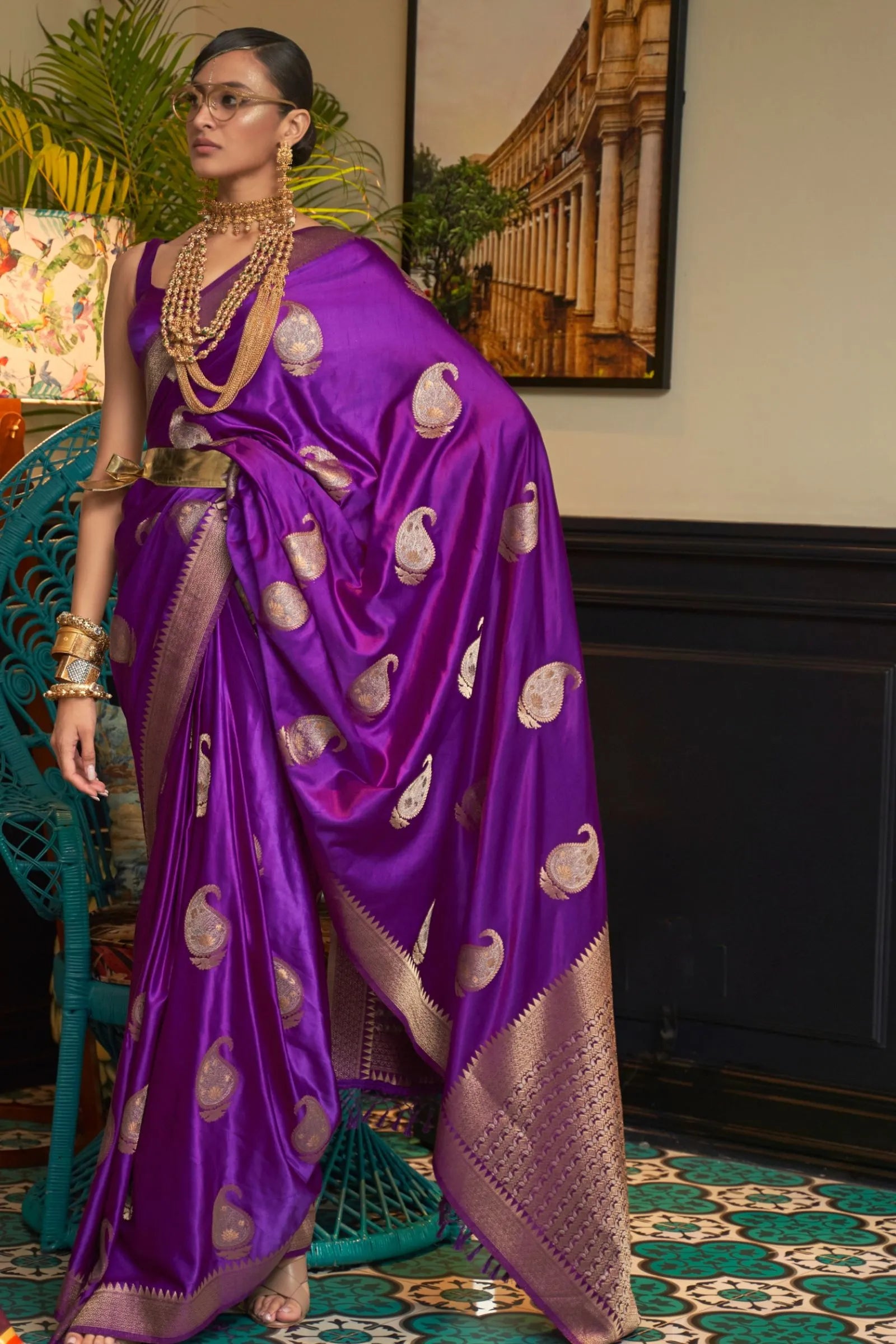 Purple Paisley Motif Satin Saree