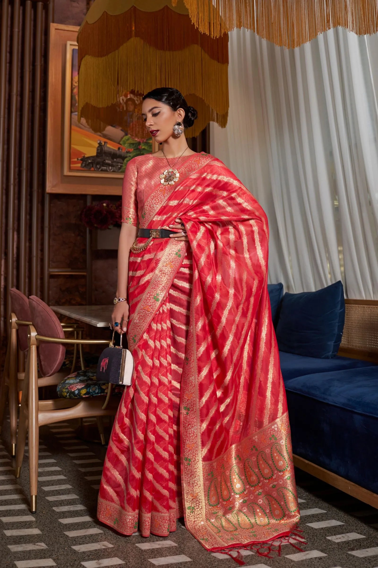 Red Meenakari Weaving Organza Saree