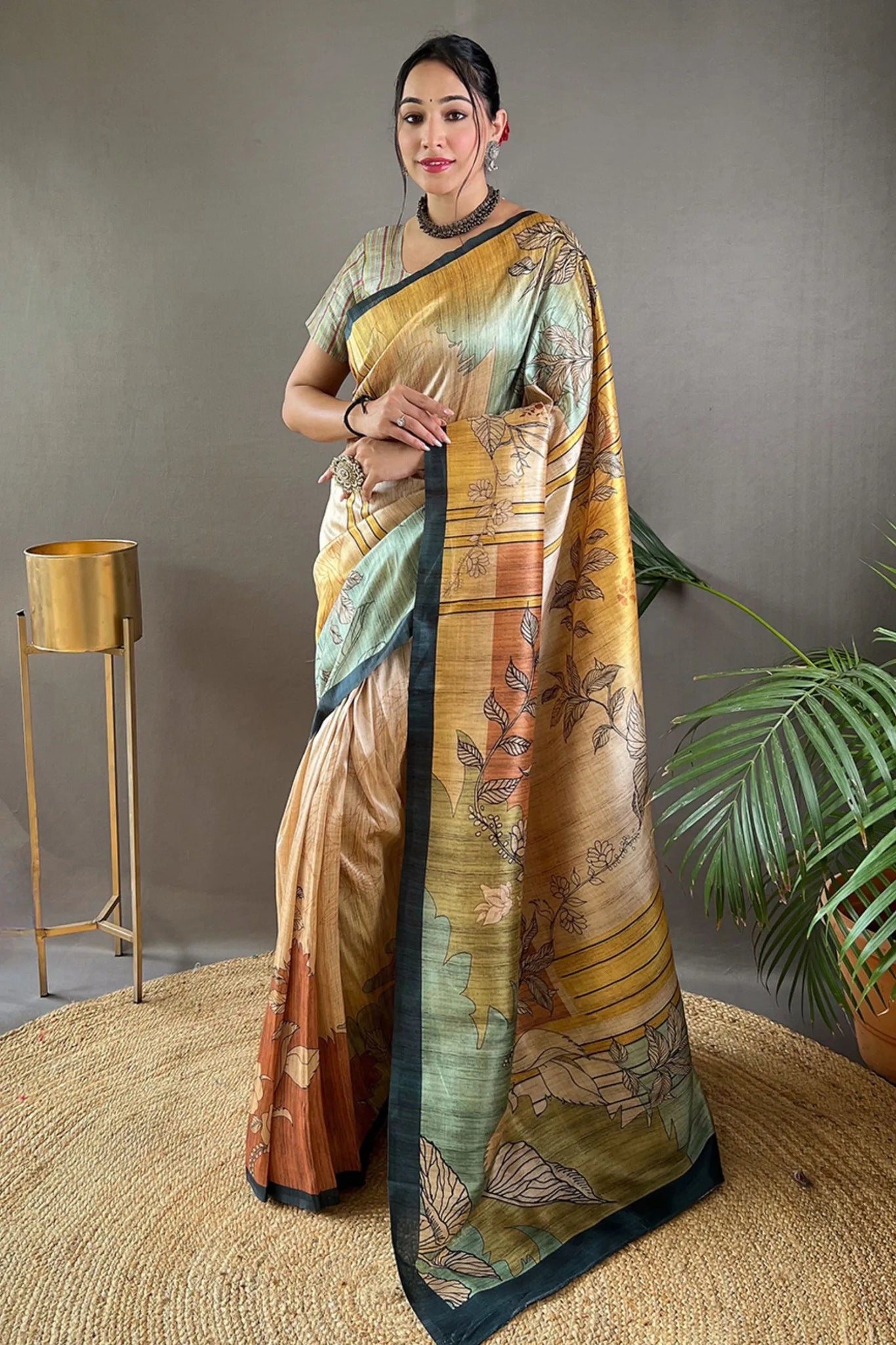 Wood Brown Printed with Bottle Green Border Ready to Wear Saree
