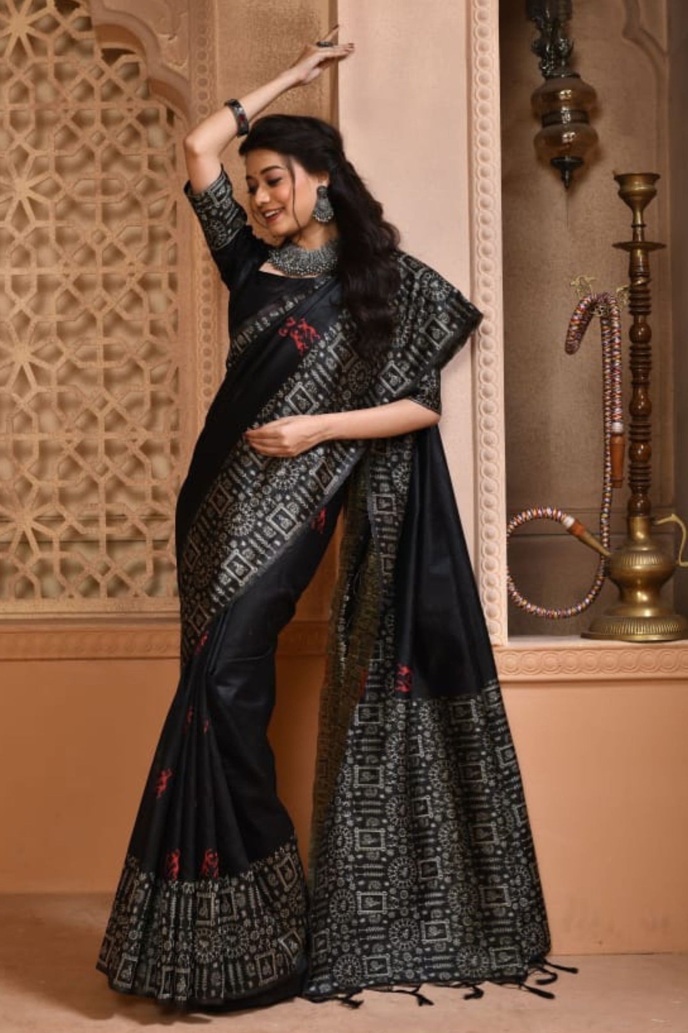 Black Kalamkari Weaving Silk Saree