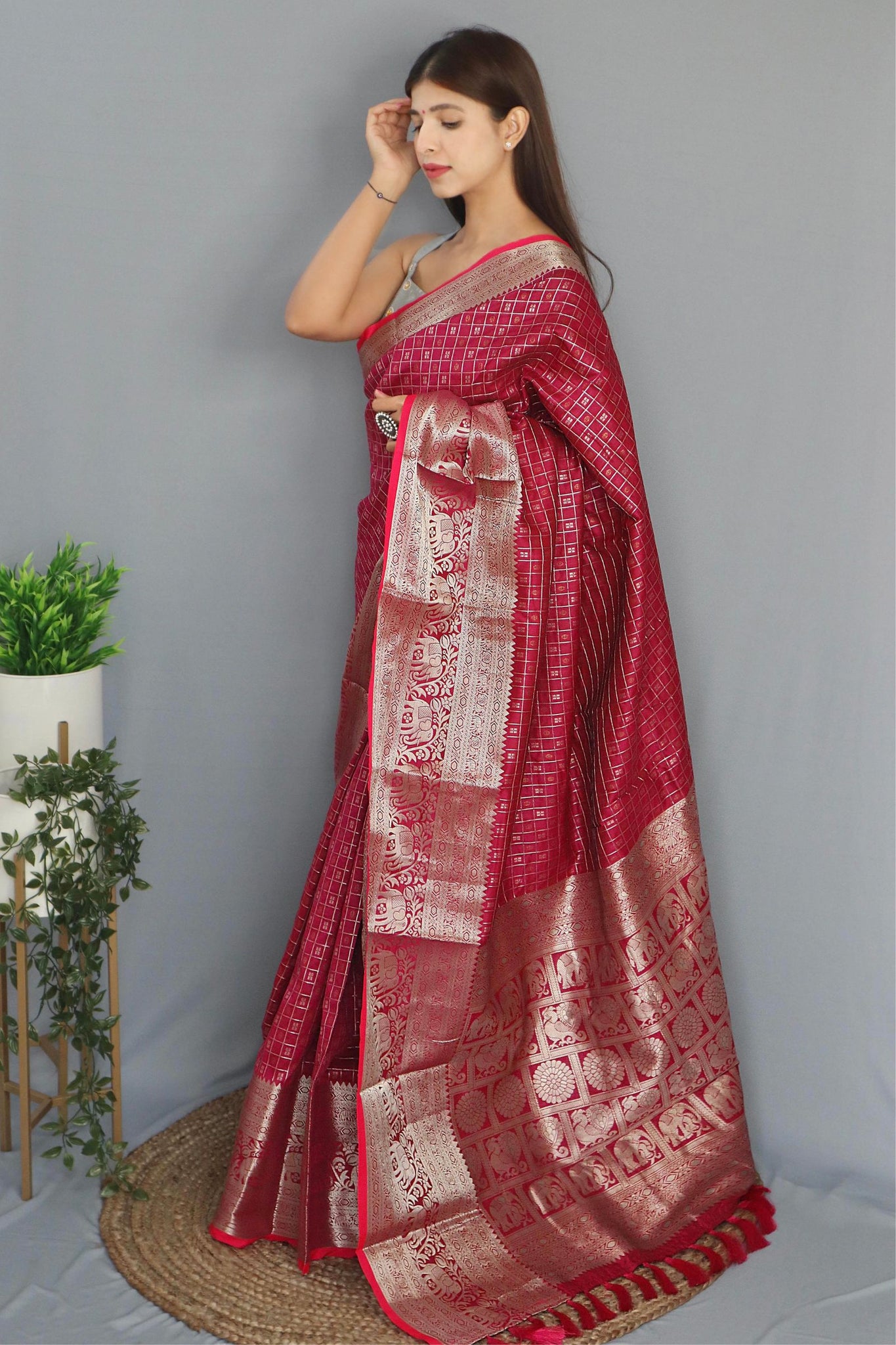 Shiraz Red Zari Check Pattern Silk Saree