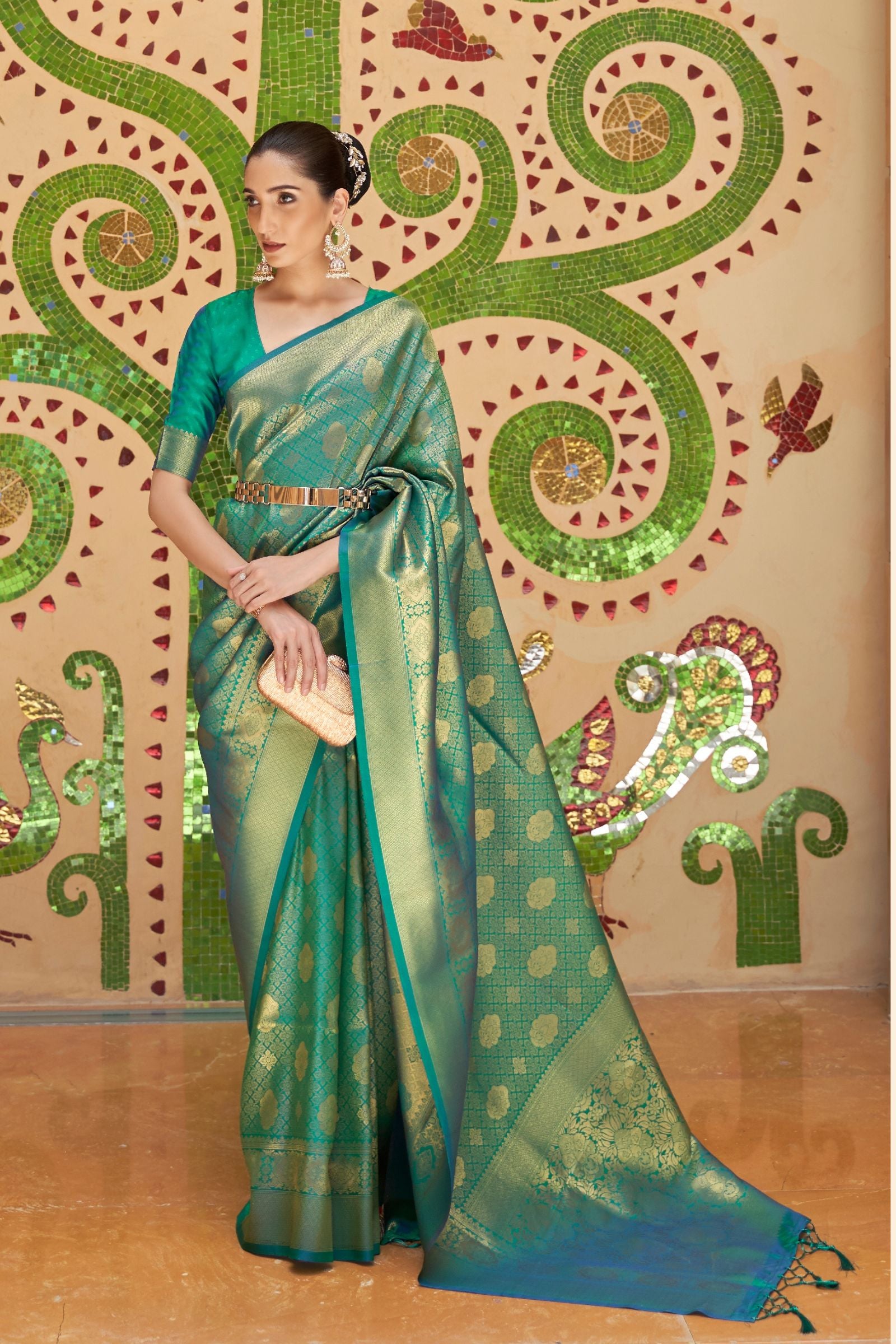 Persian Green Zari Work Kanjivaram Saree