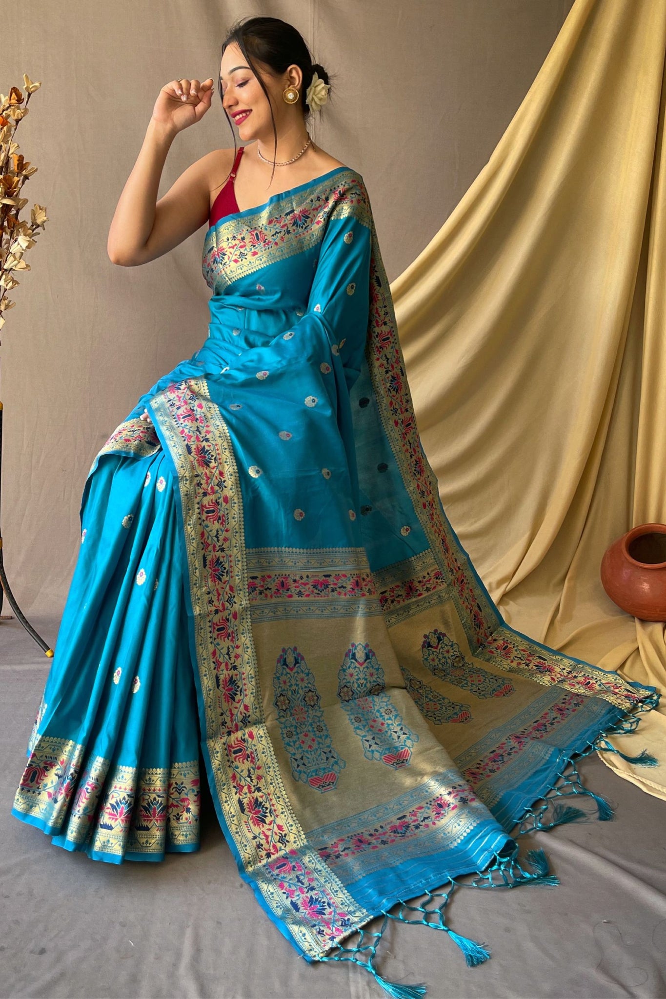 Bright Turquoise Paithani Silk Meenakari Gold Zari Woven Saree
