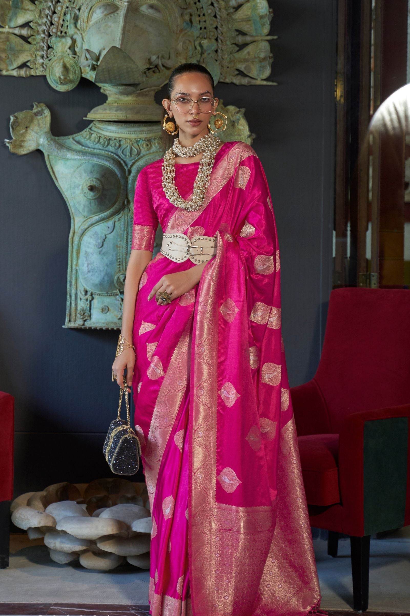 Magenta Zari Work Satin Saree