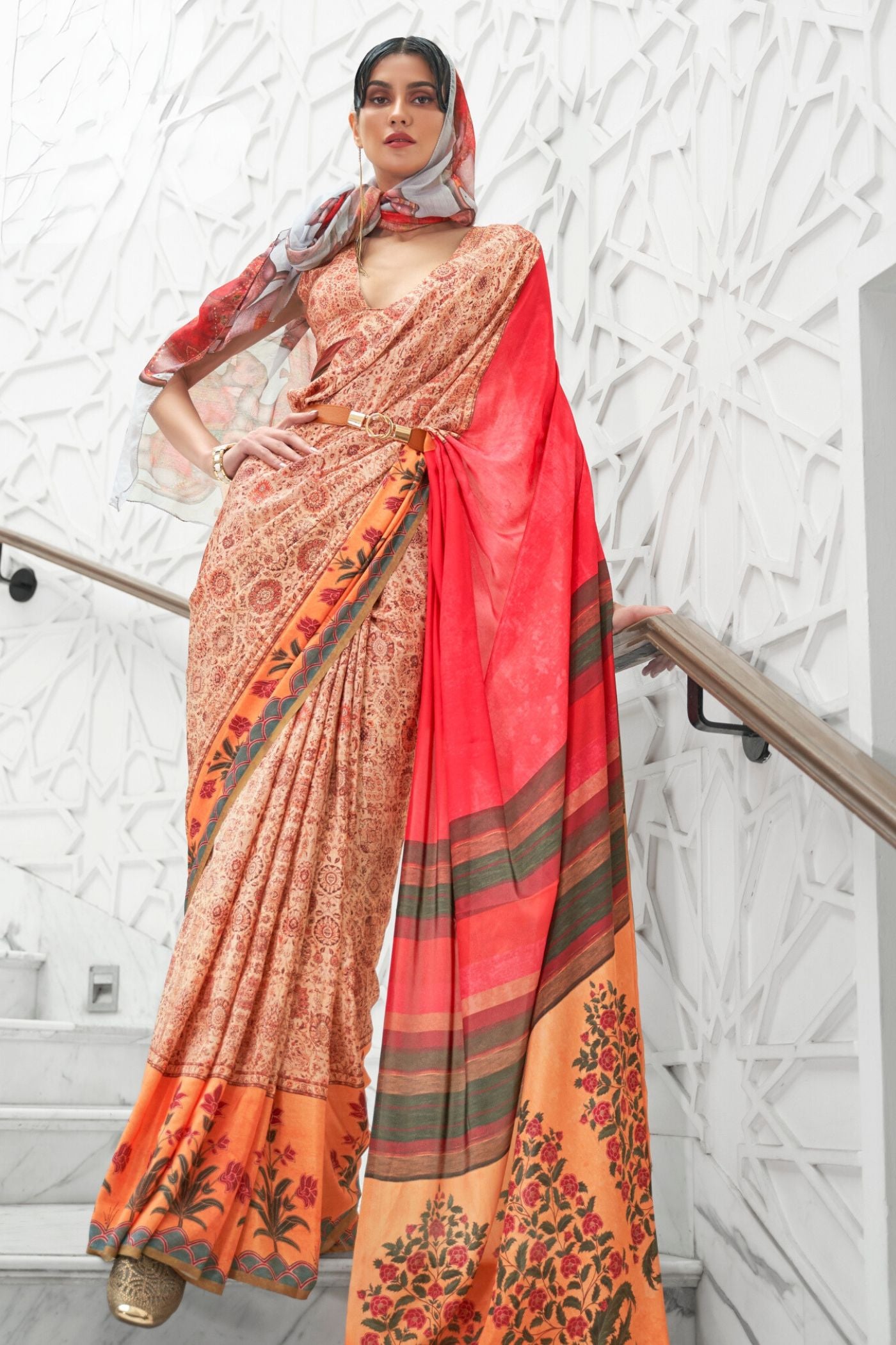 Peach Multi Kalamkari Printed Crepe Saree