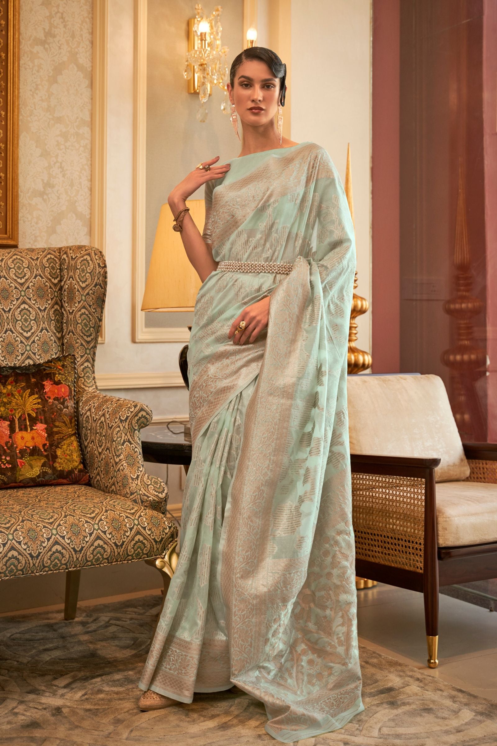 Mint Green Sequins Modal Saree