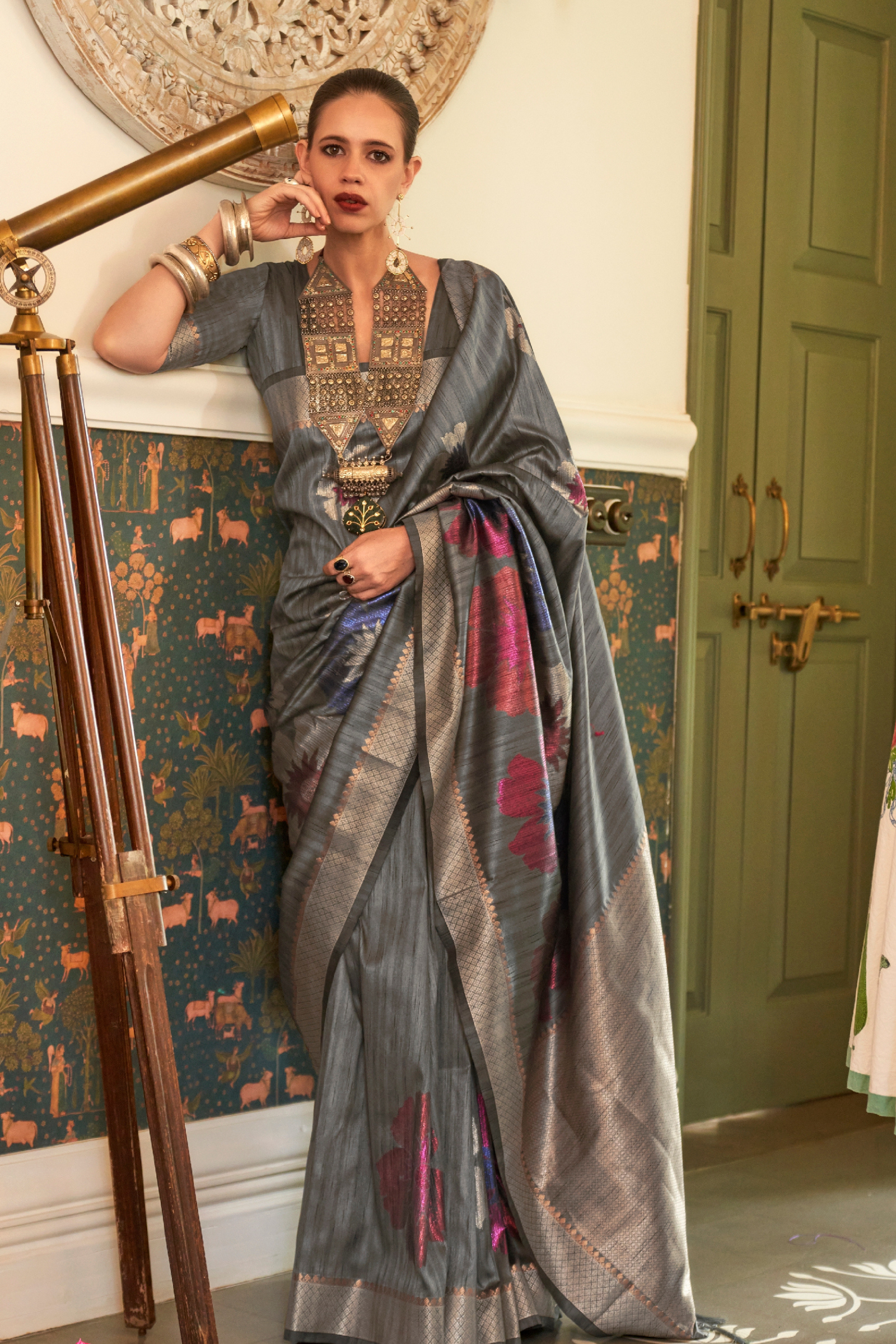 Gray Multi Colored Zari Silk Saree