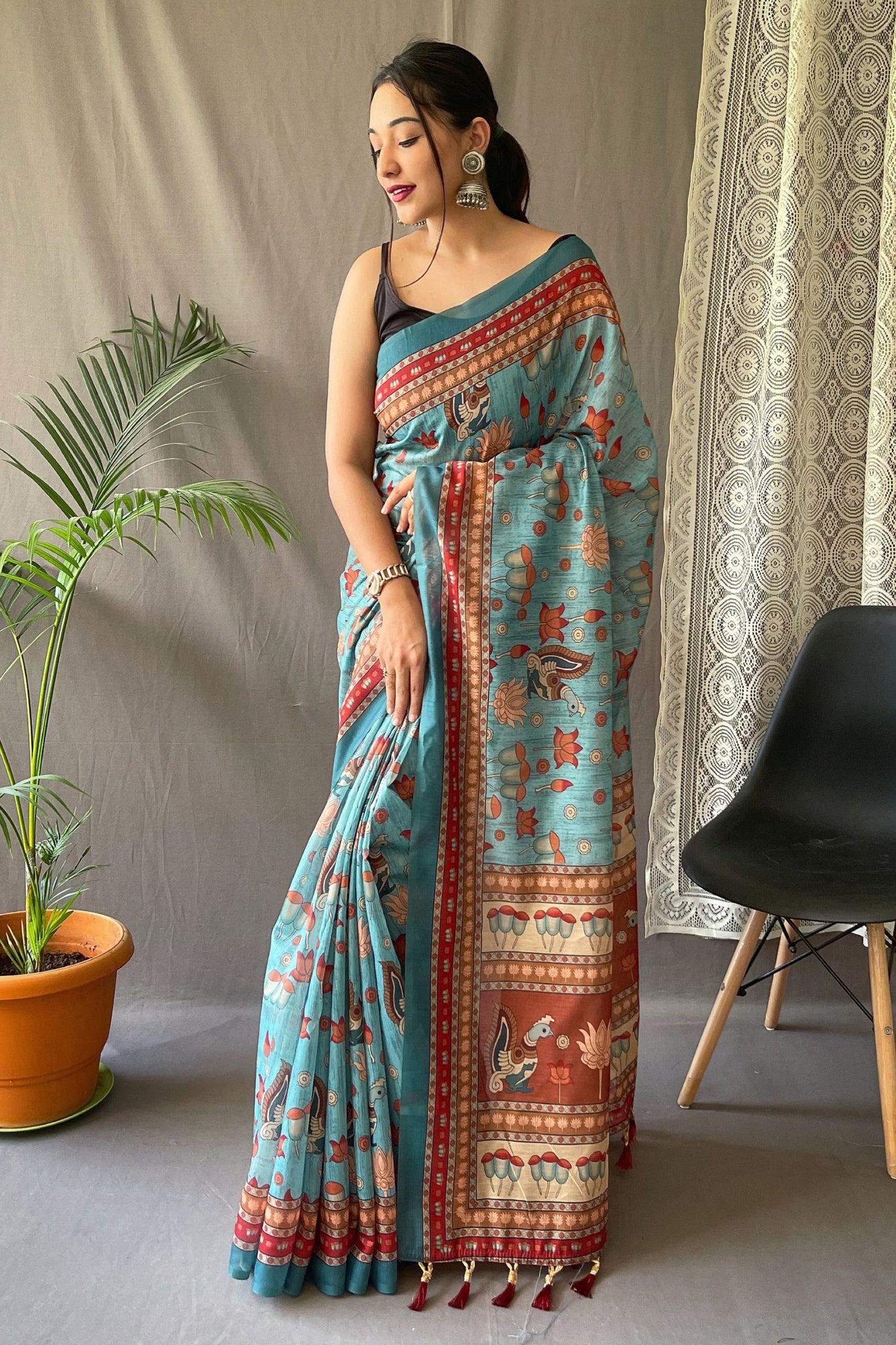 Smalt Blue Malai Cotton Saree with Kalamkari Print