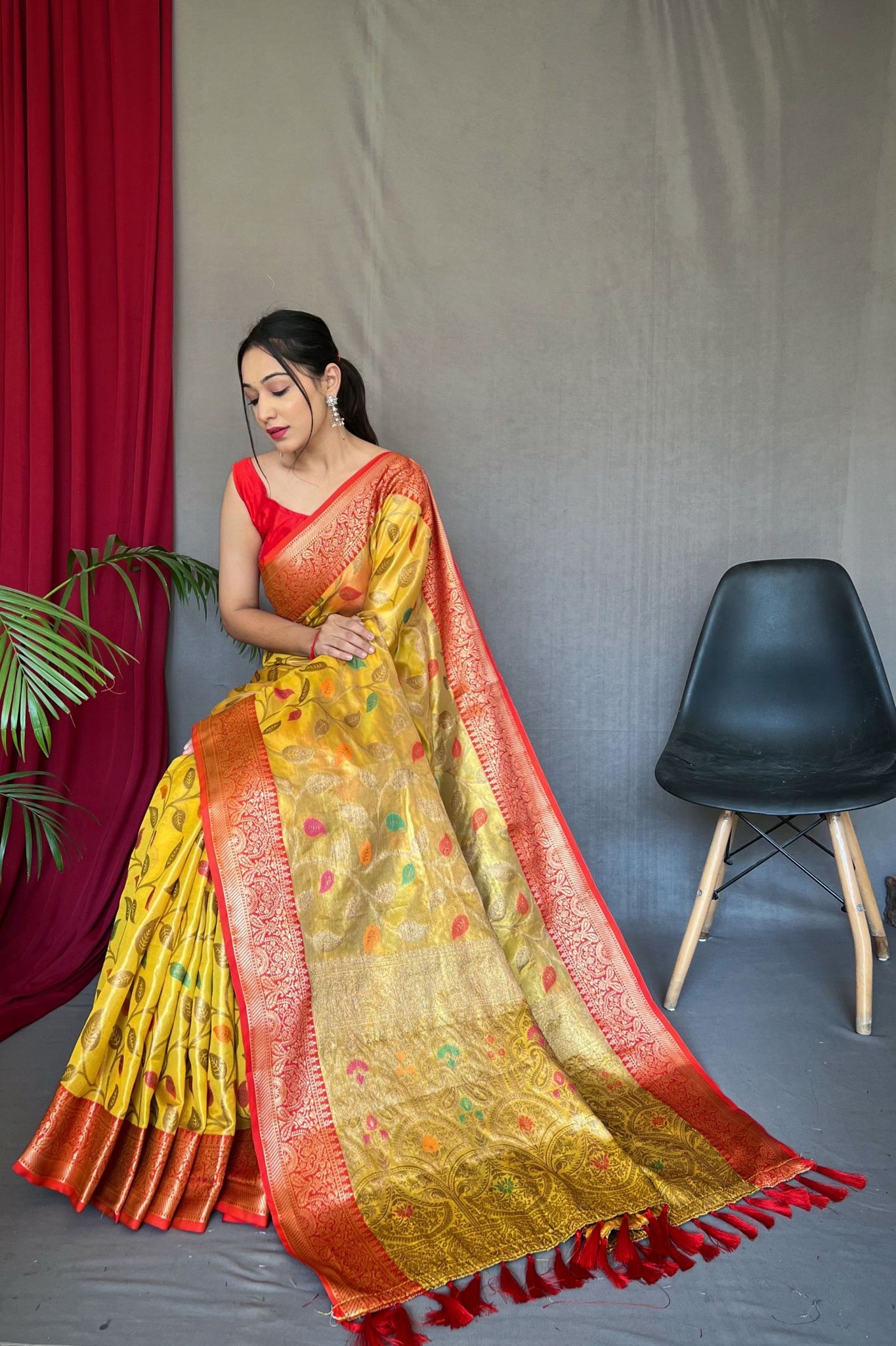 Yellow Zari Weaving Tissue Silk Saree