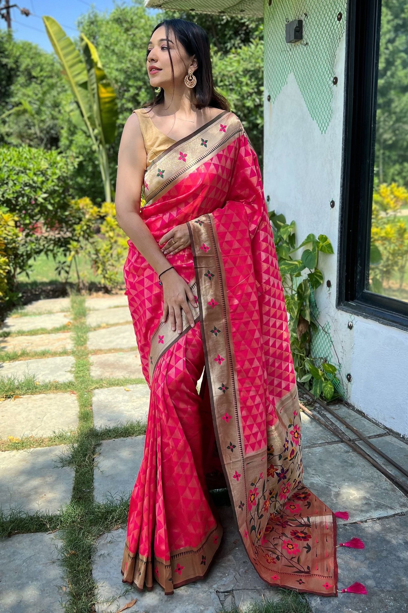 Pink Paithani Silk Saree With Golden Zari