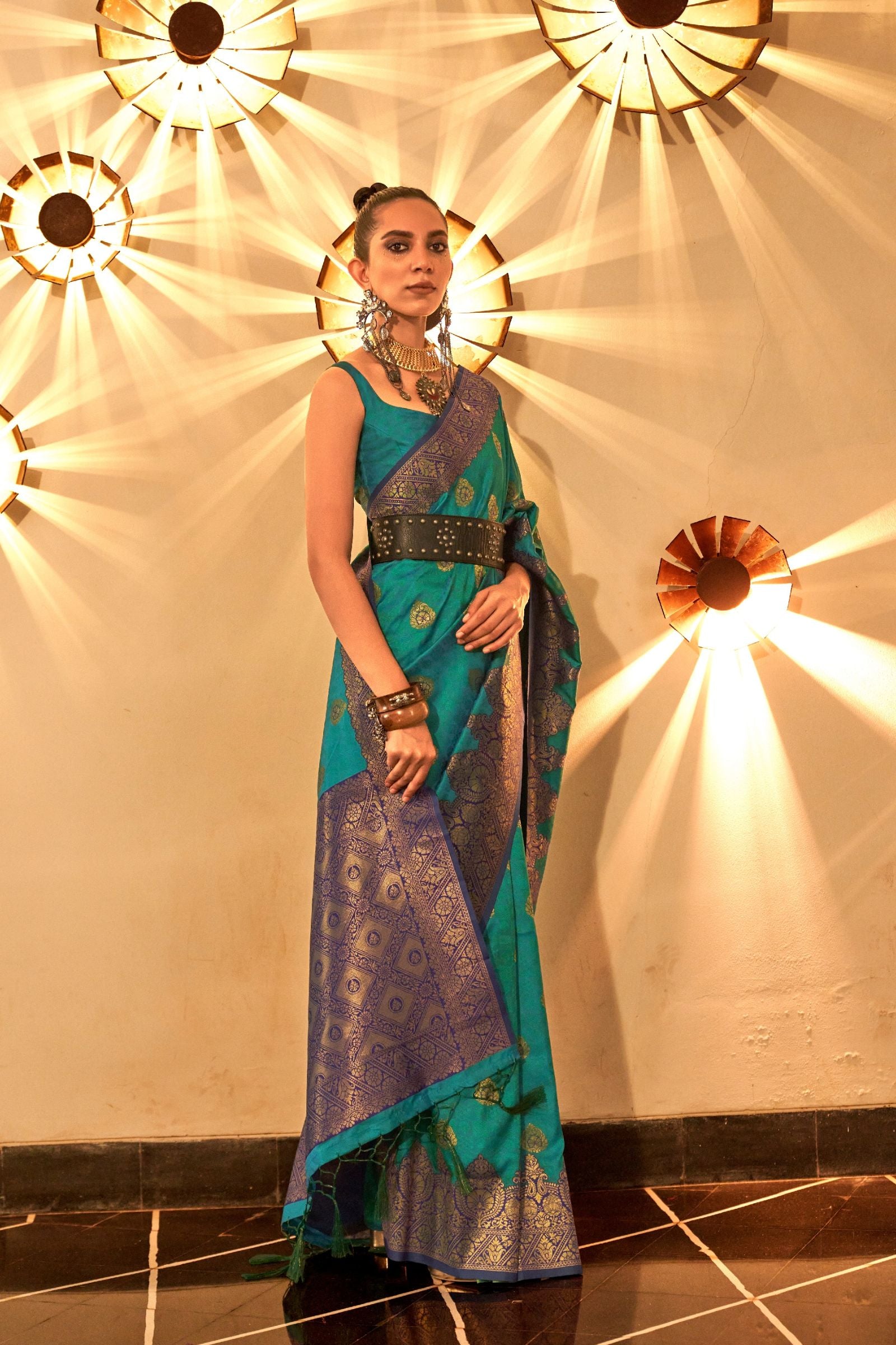 Teal Green Buti Work Silk Saree