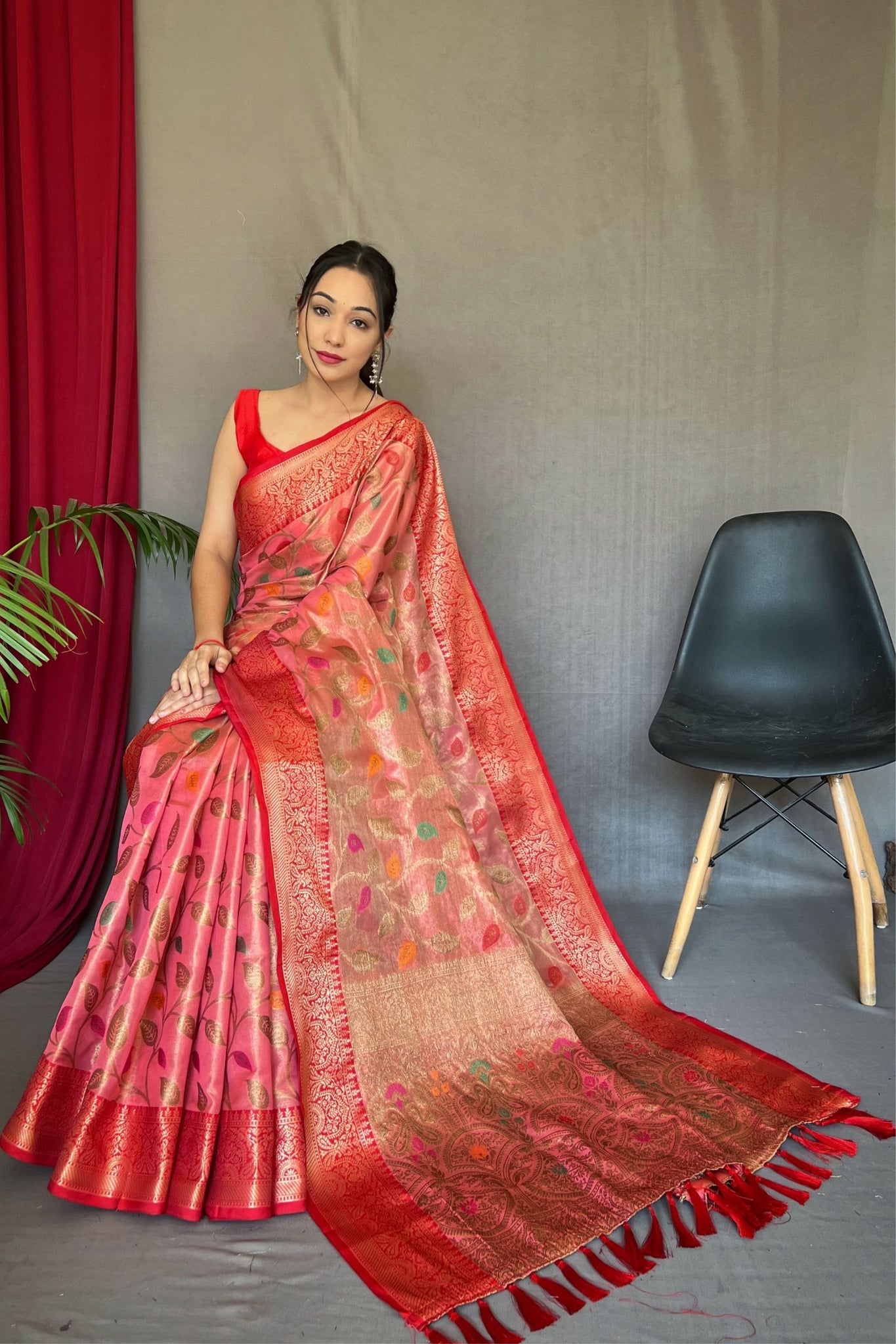 Pink Zari Weaving Tissue Silk Saree