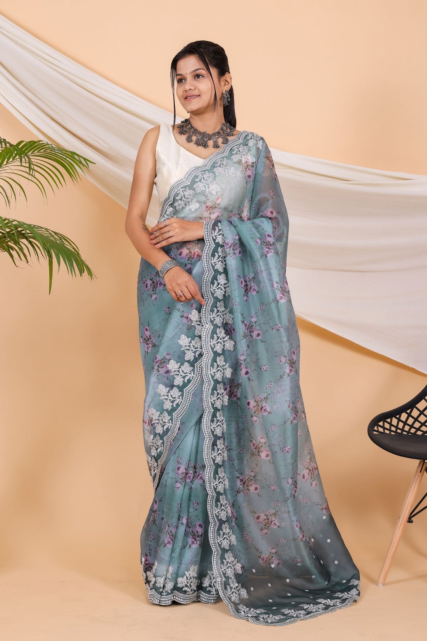 Ice Blue Floral Printed Thread Embroidered Saree