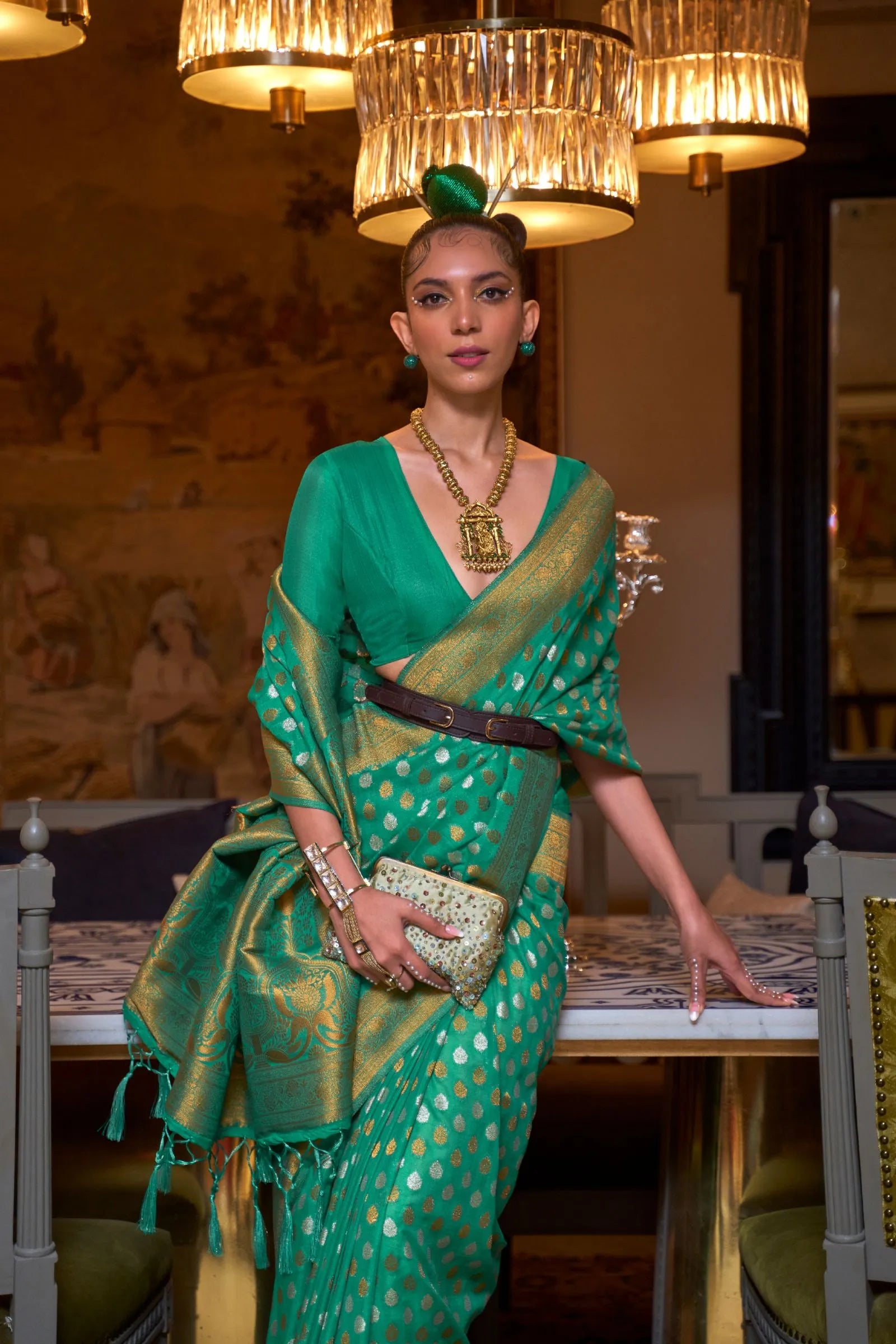 Turquoise Green Copper Zari Woven Khadi Silk Saree