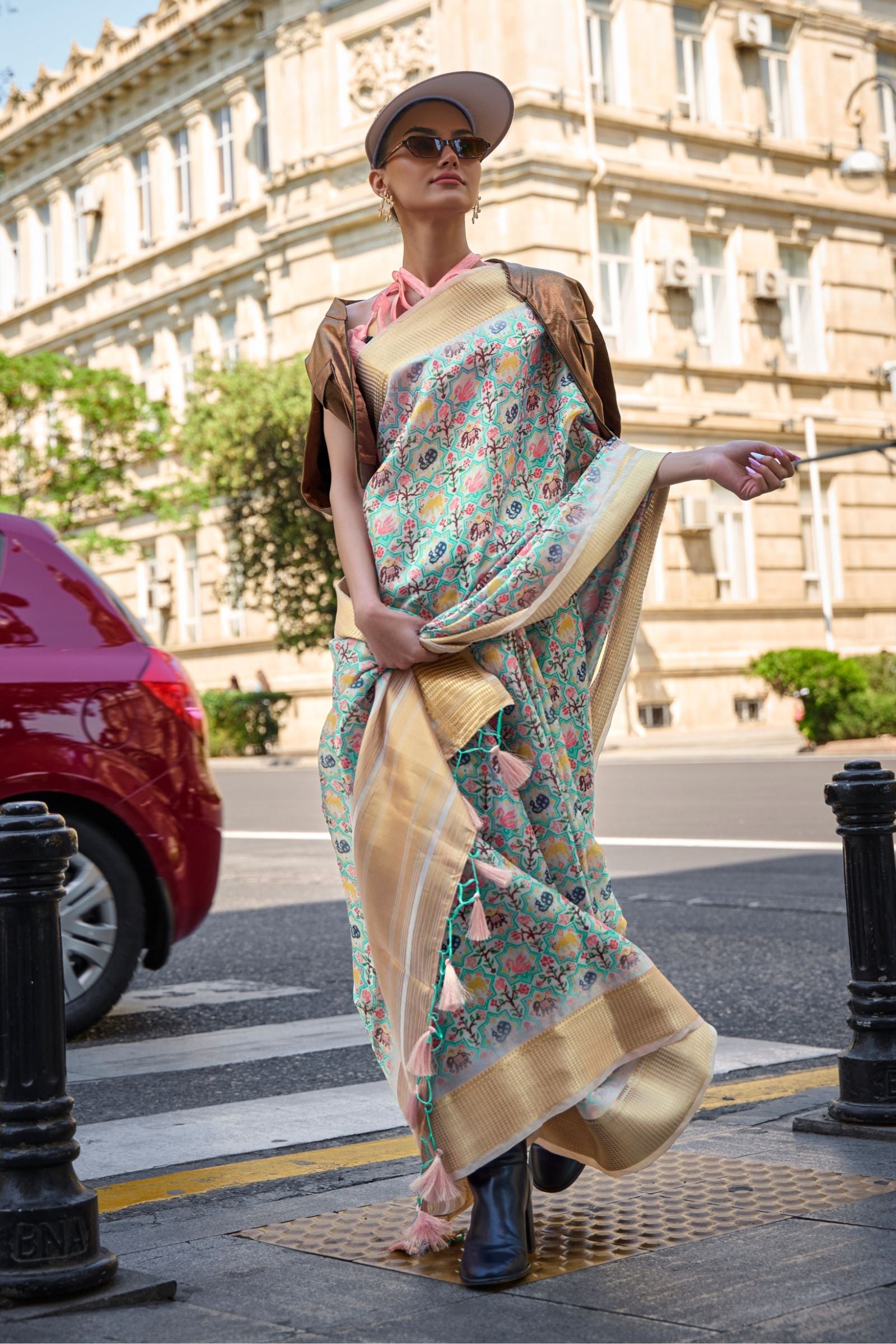 Pista Green Printed Satin Organza Saree