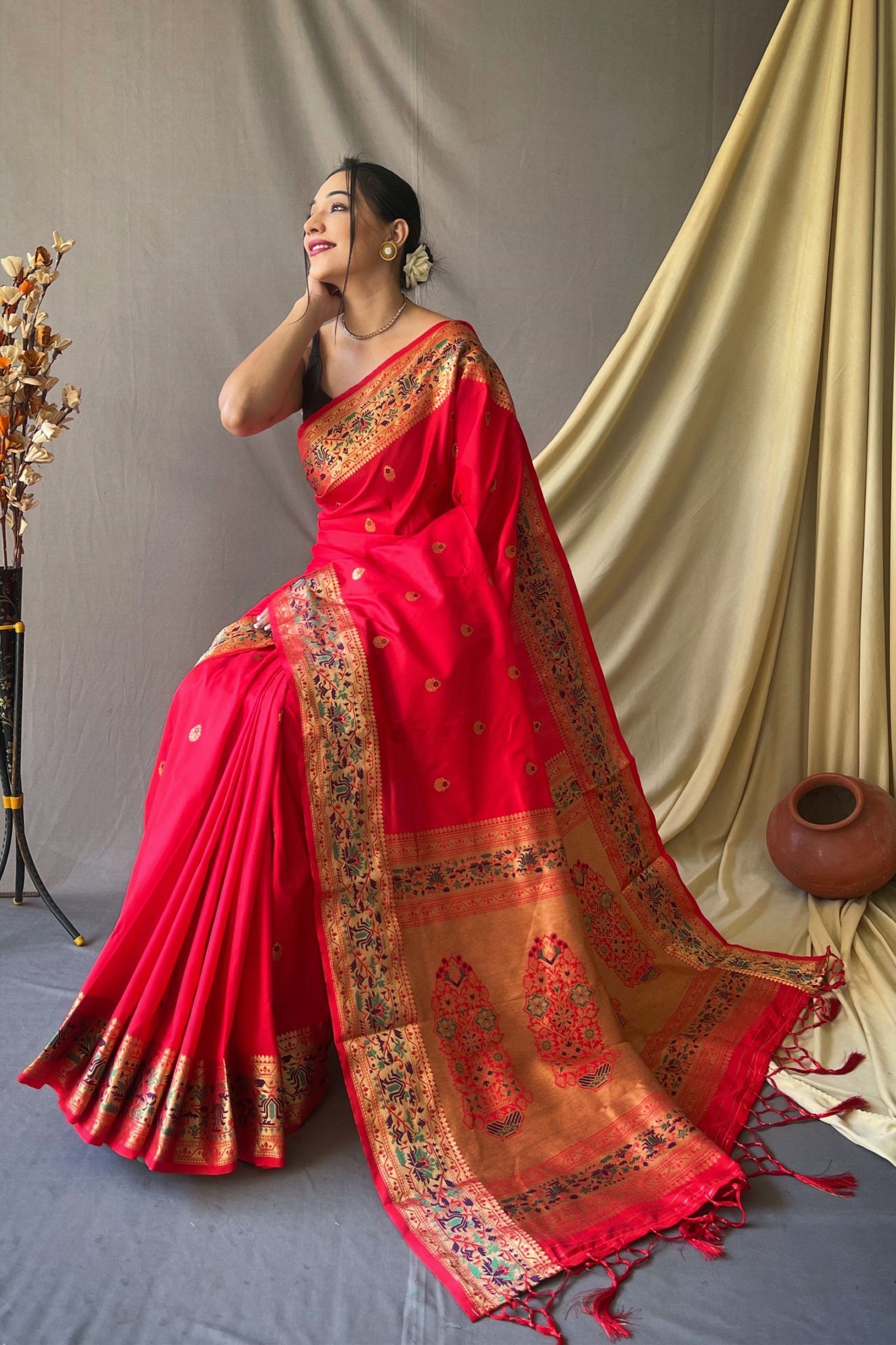 Red Paithani Silk Meenakari Gold Zari Woven Saree