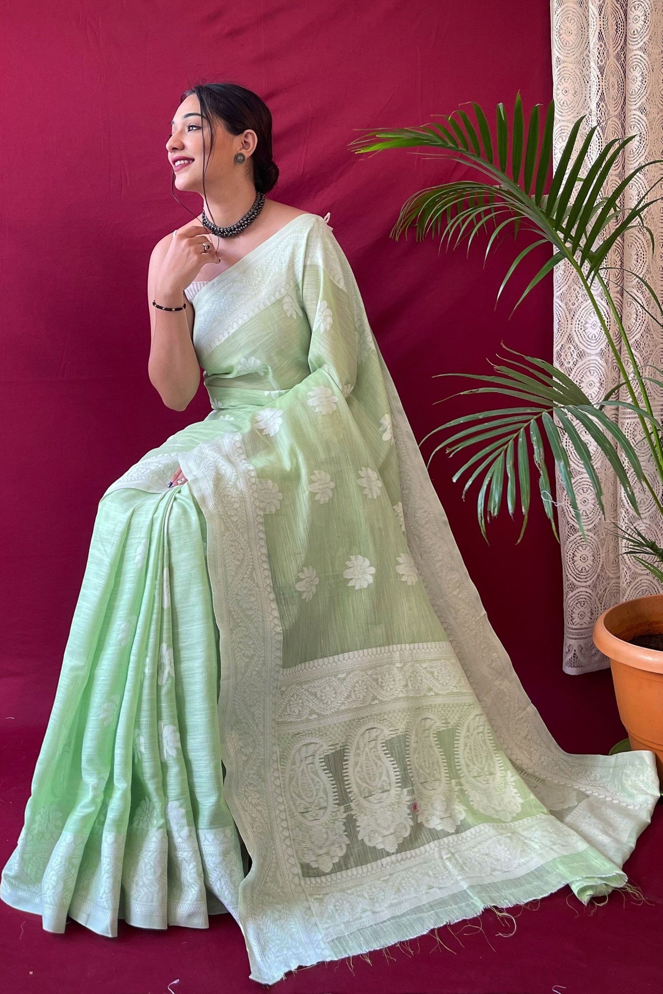 Mint Green Lucknowi Cotton Linen Saree