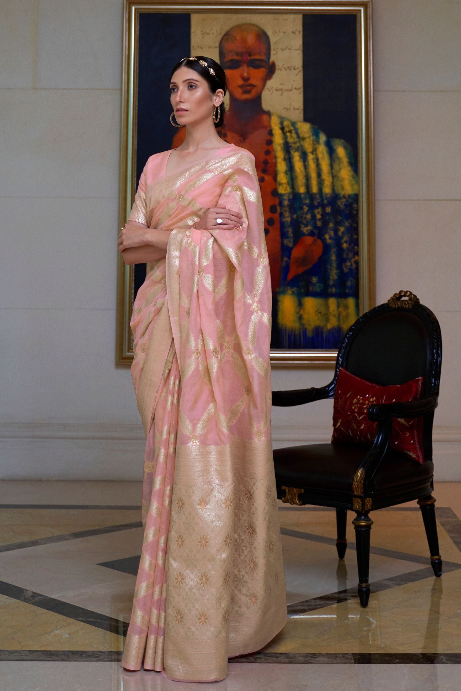 Pastel Pink Zari Work Modal Saree