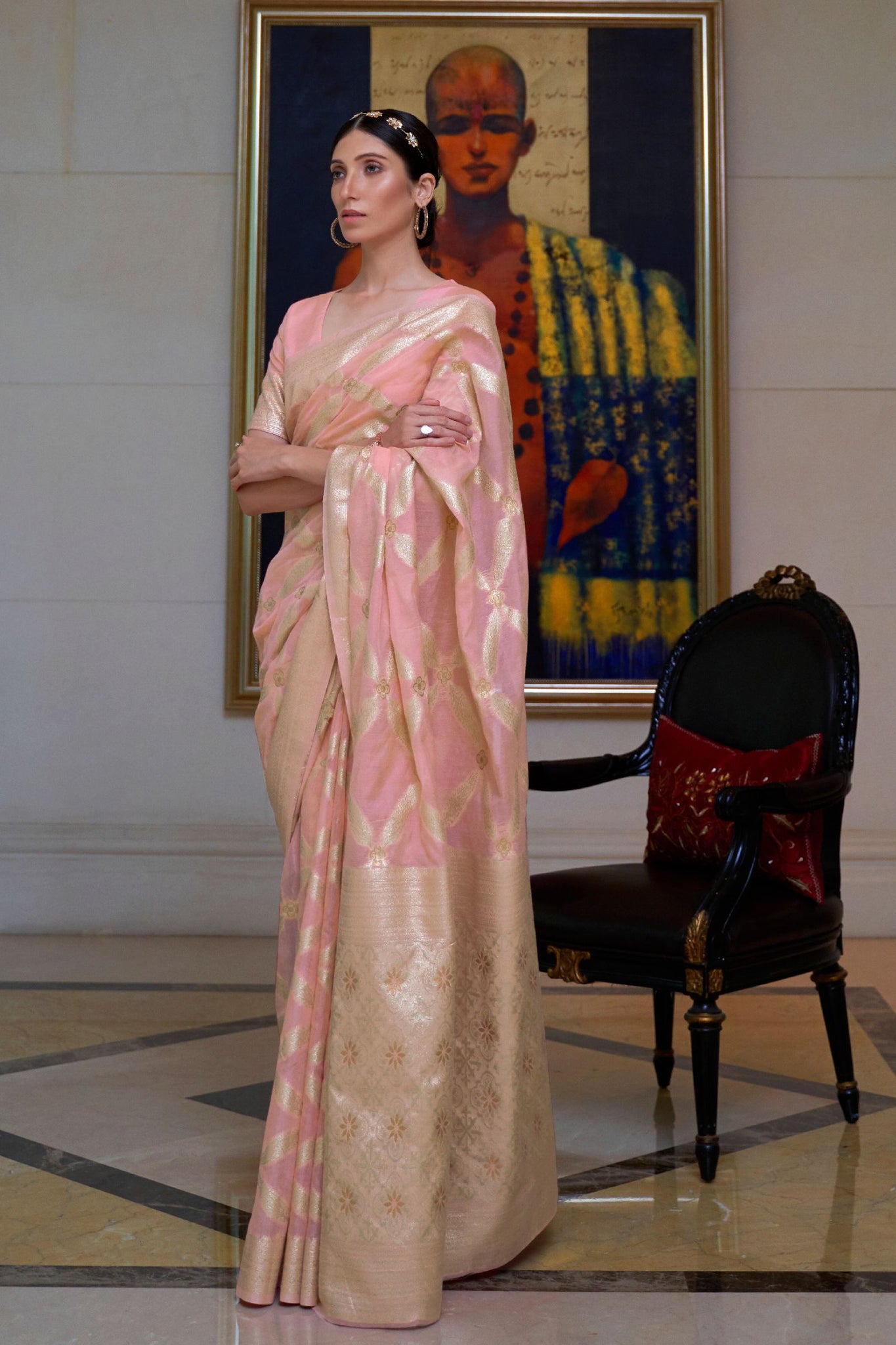 Pastel Pink Zari Work Modal Saree
