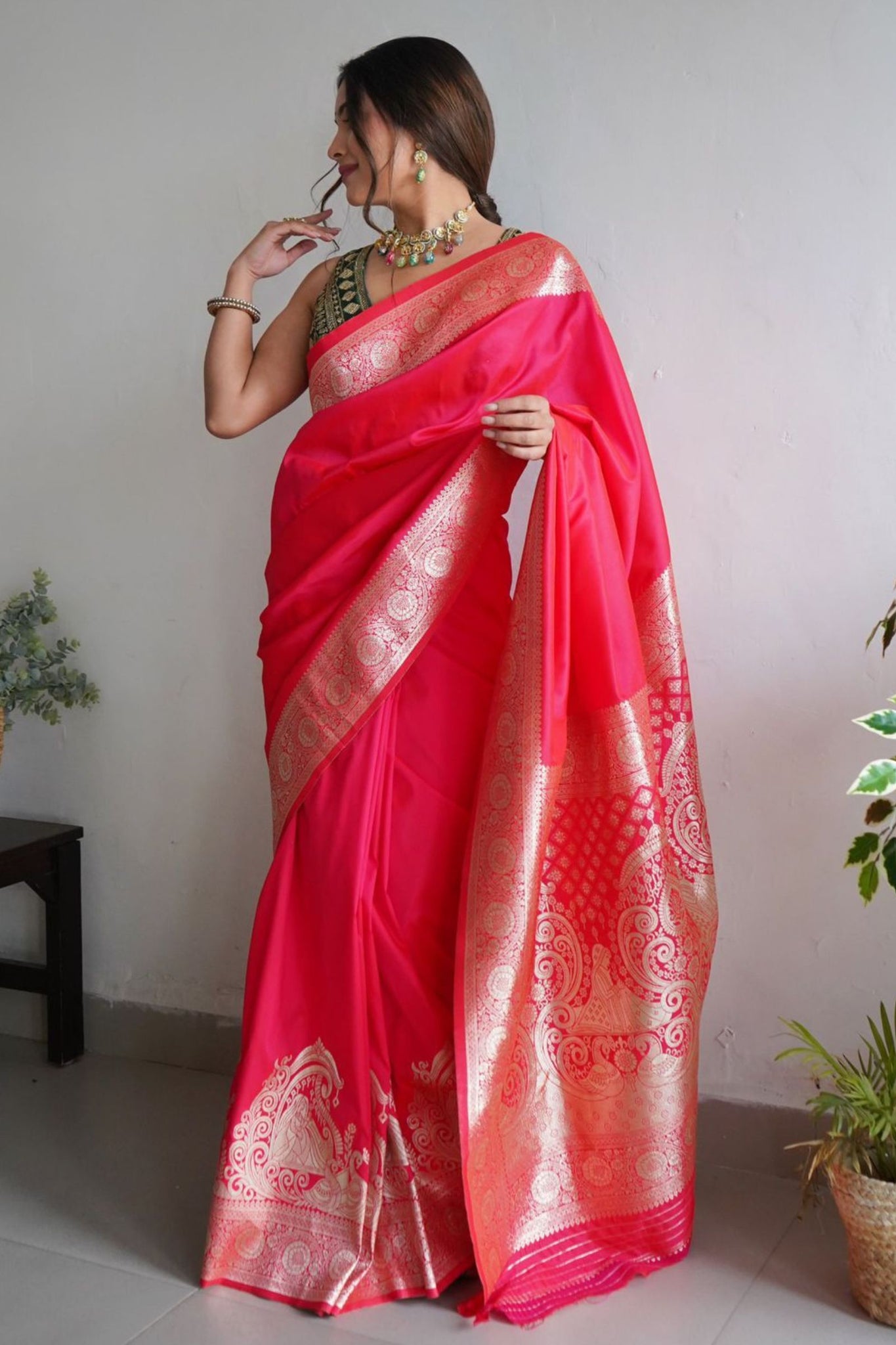 Hot Pink Zari Woven Silk Saree
