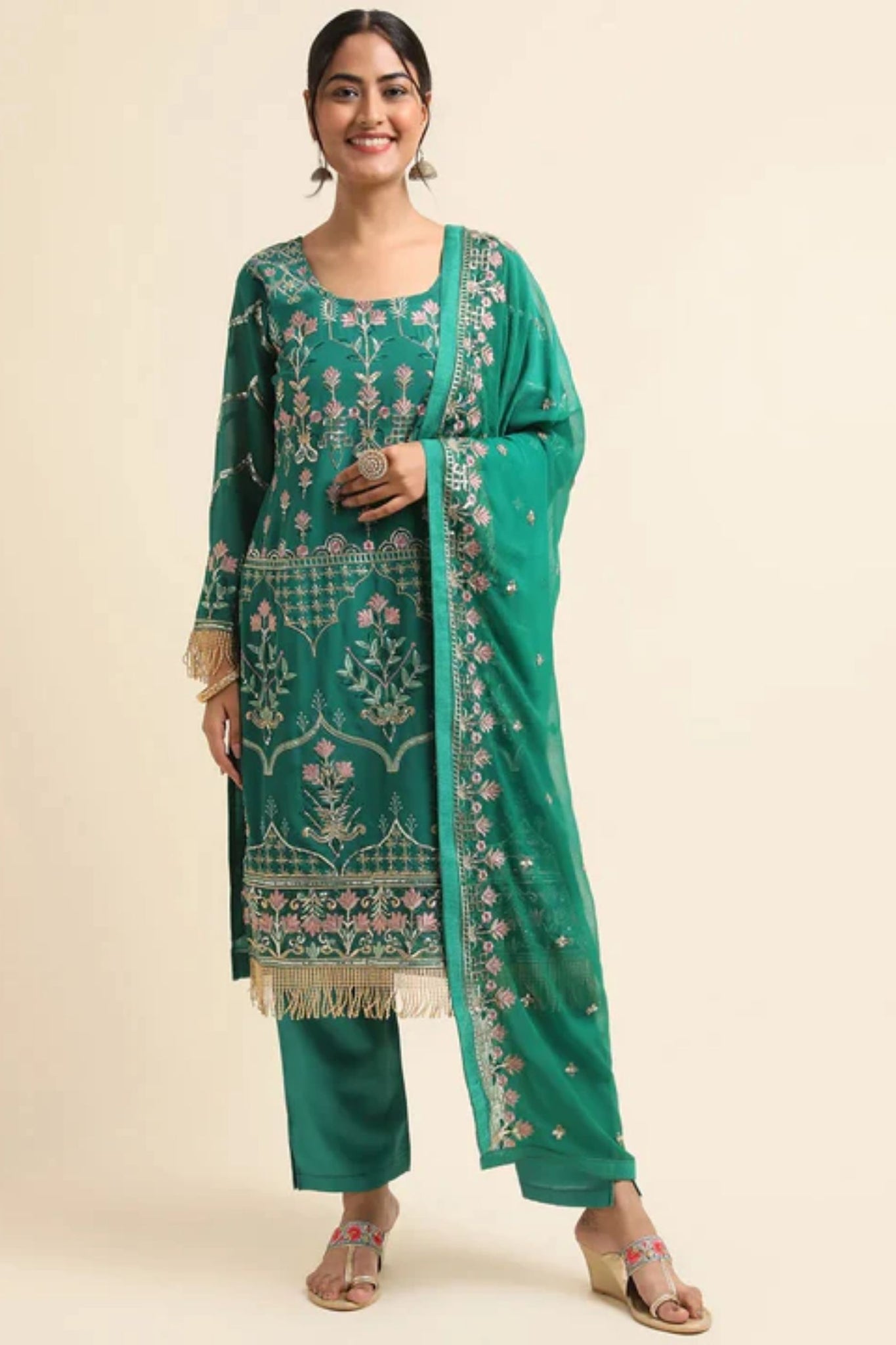 Emerald Green Embroidery Work Lace Suit Set
