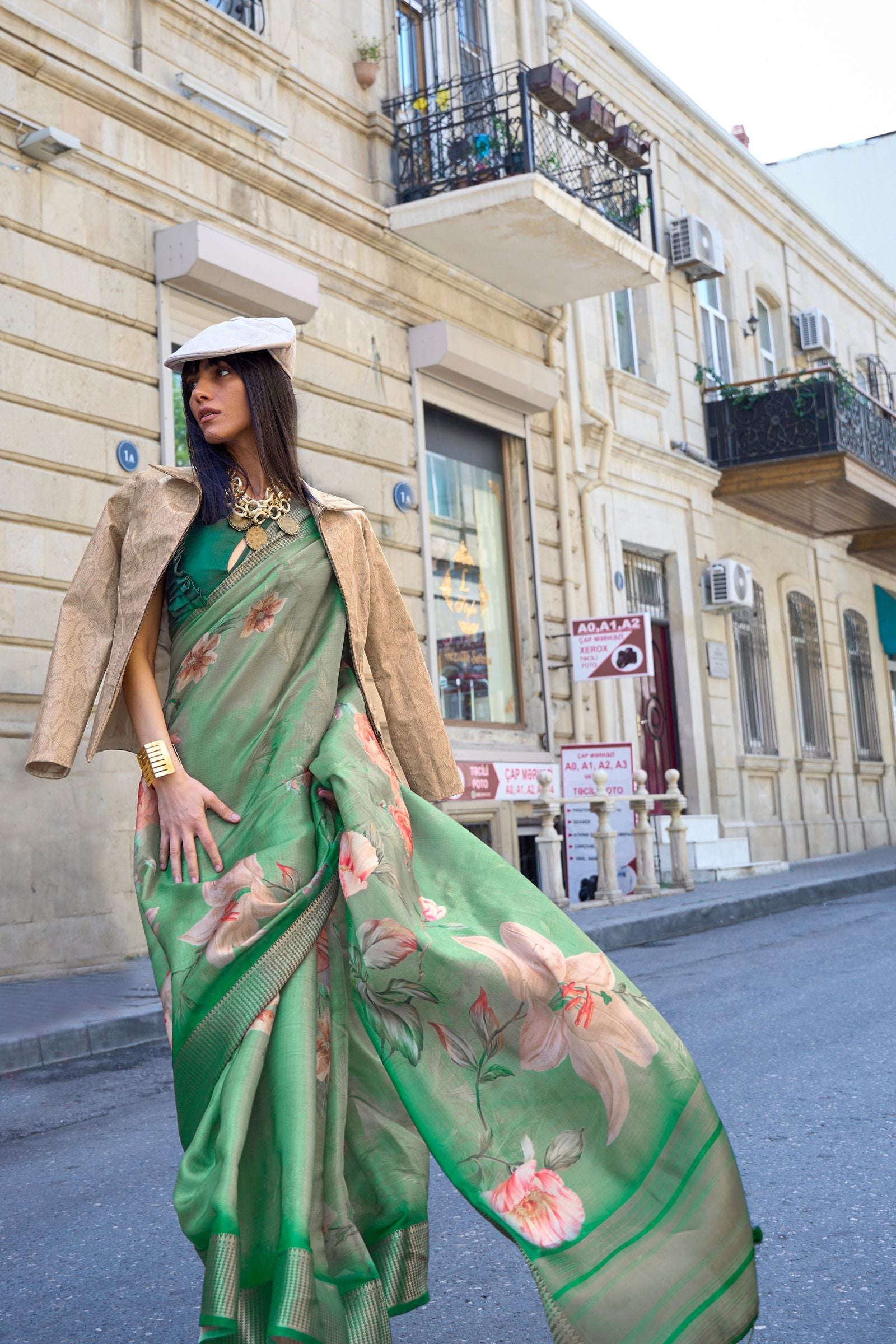 Green Printed Satin Organza Saree