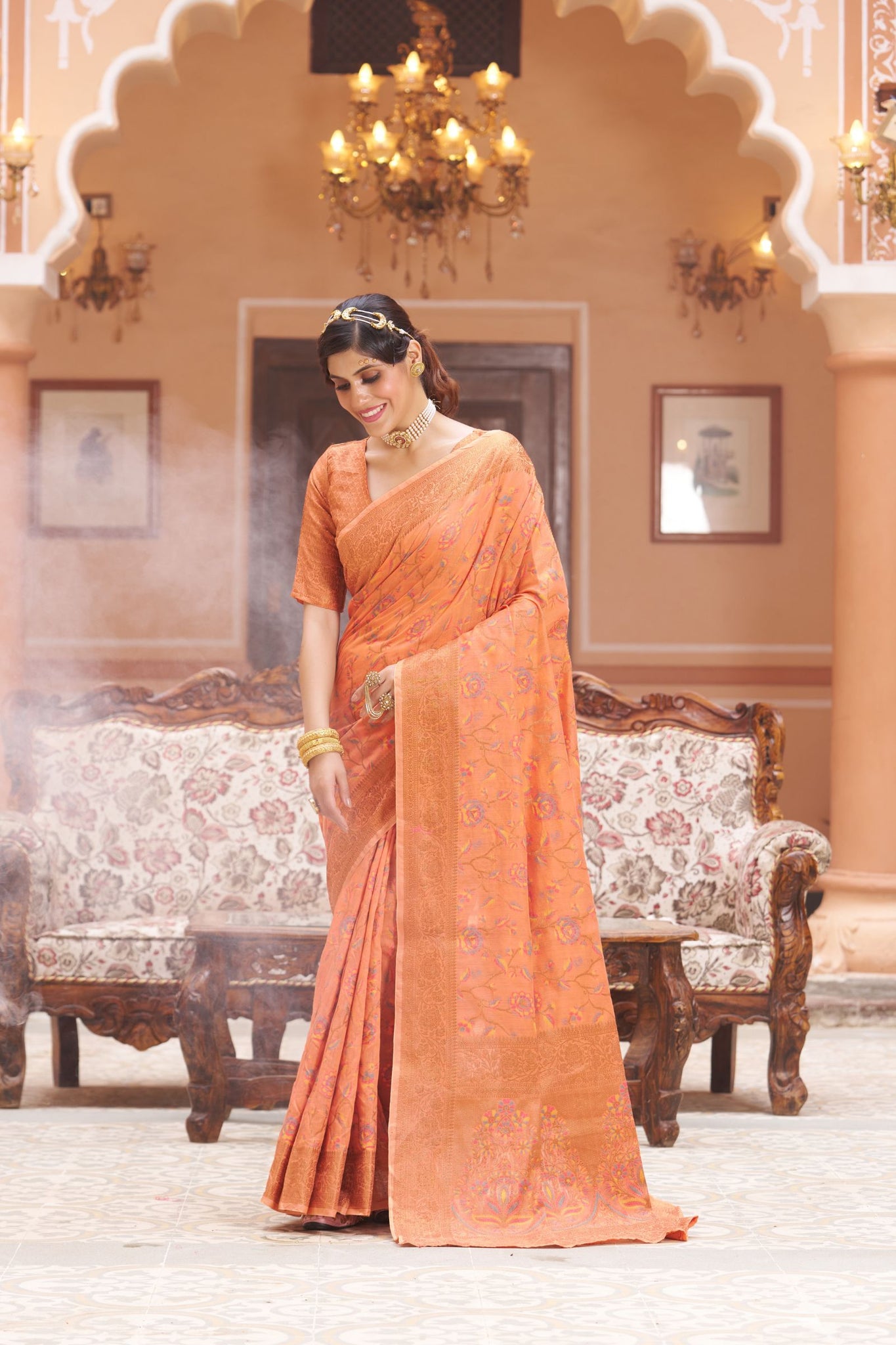 Light Orange Floral Zari Woven Pashmina Saree