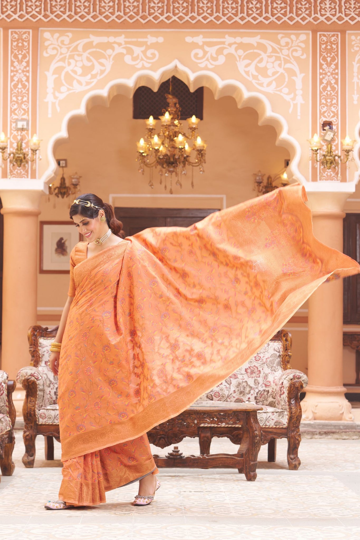 Light Orange Floral Zari Woven Pashmina Saree