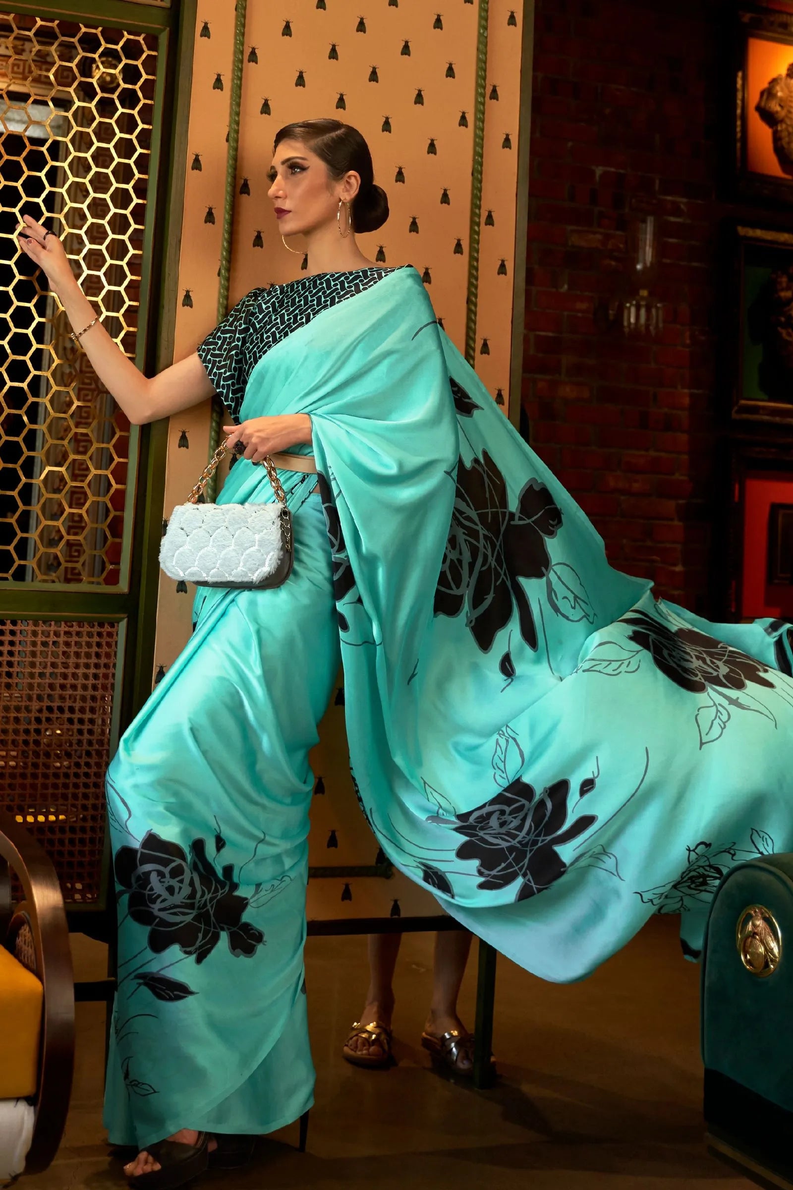 Sea Green Printed Japan Crepe Saree