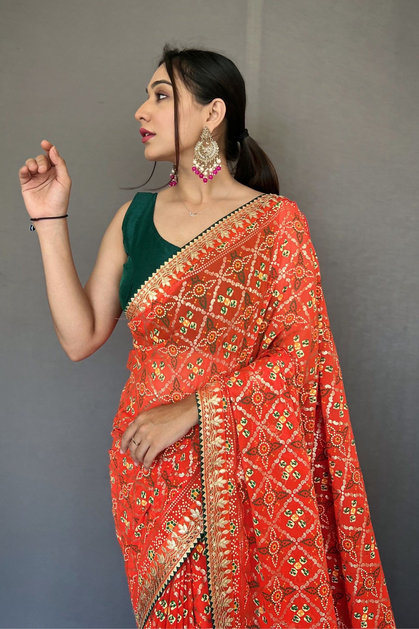 Tomato Red Georgette Saree with Bandhani Print