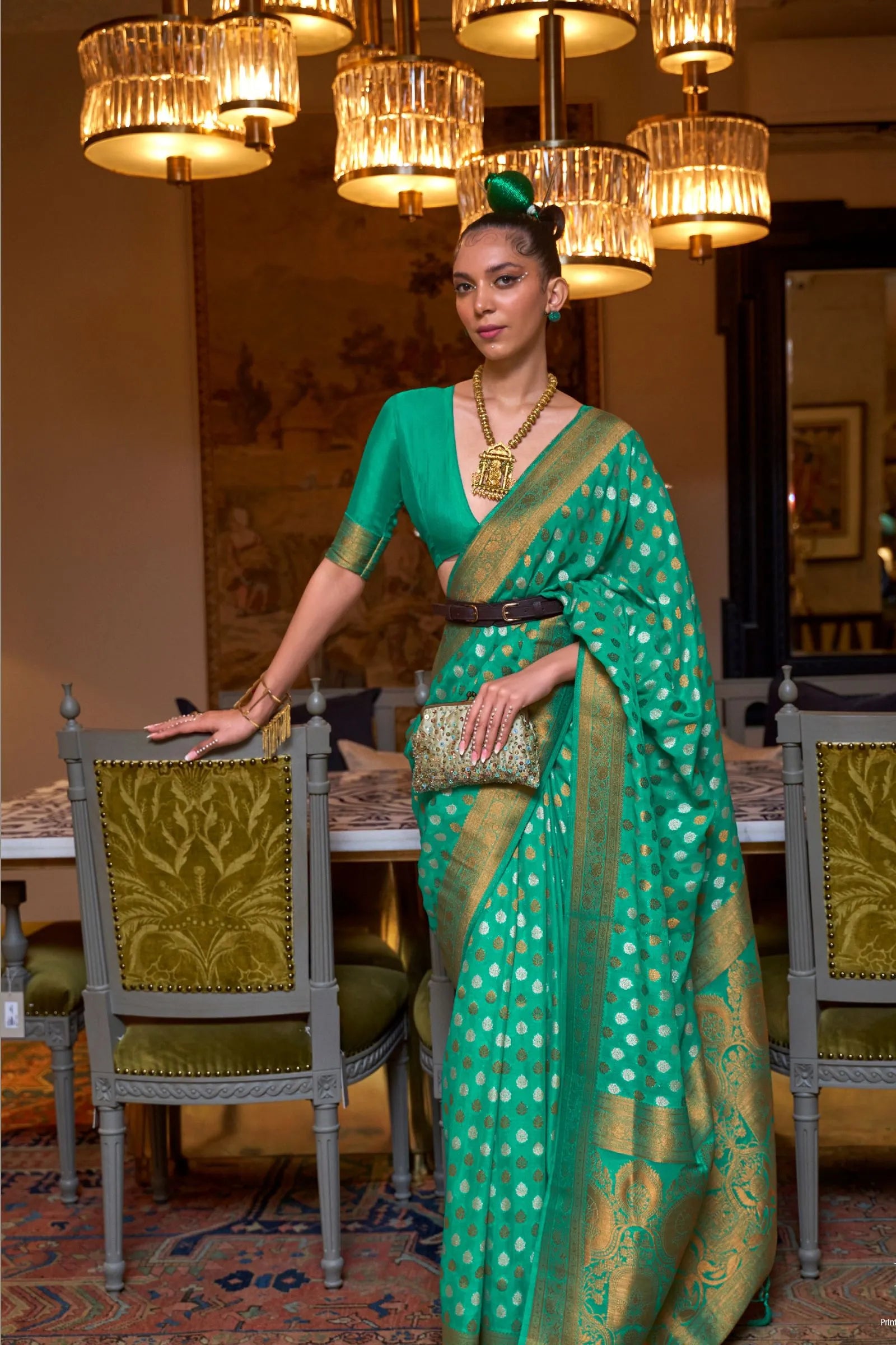 Turquoise Green Copper Zari Woven Khadi Silk Saree