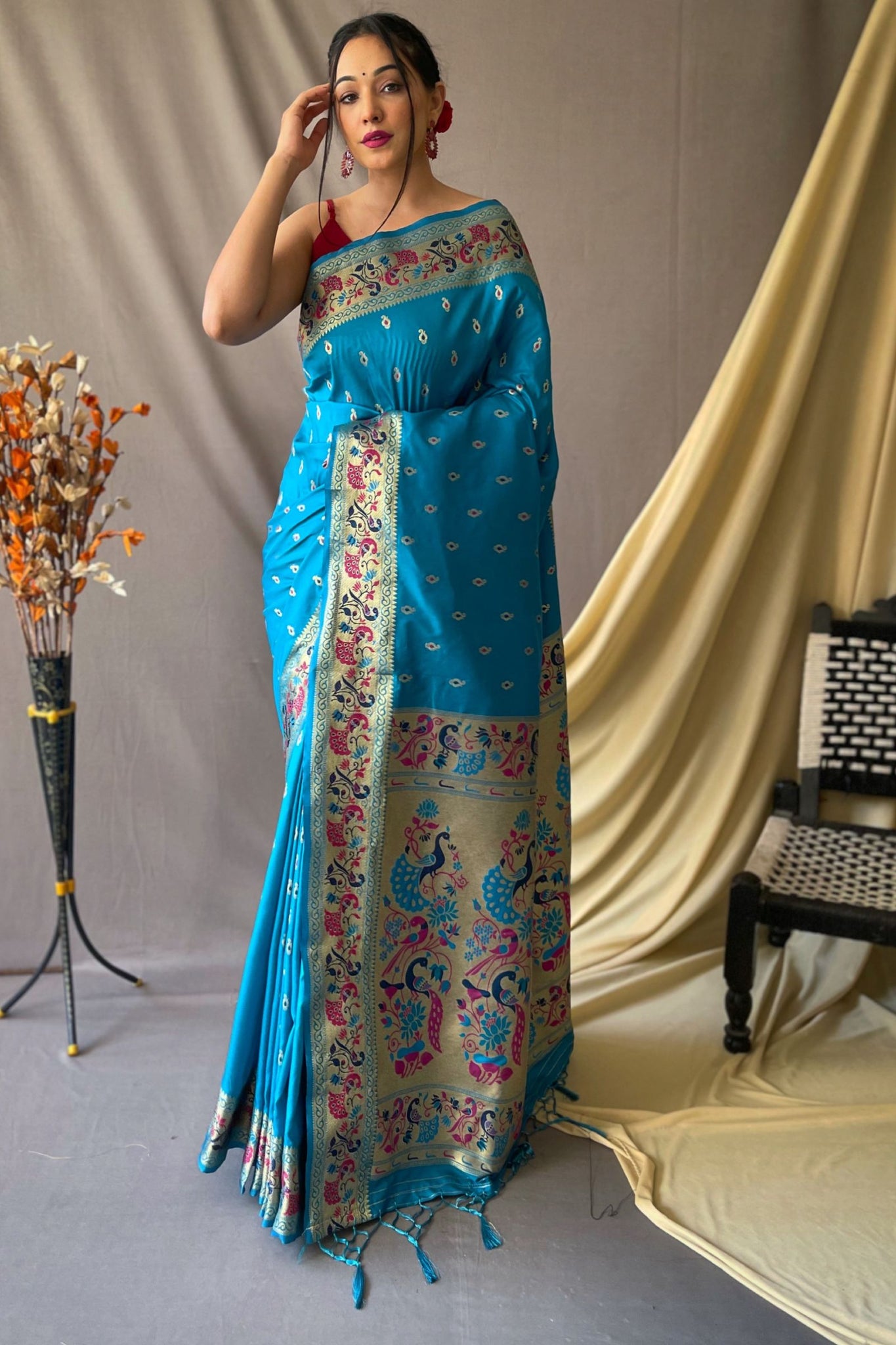 Bright Turquoise Paithani Silk Meenakari Saree