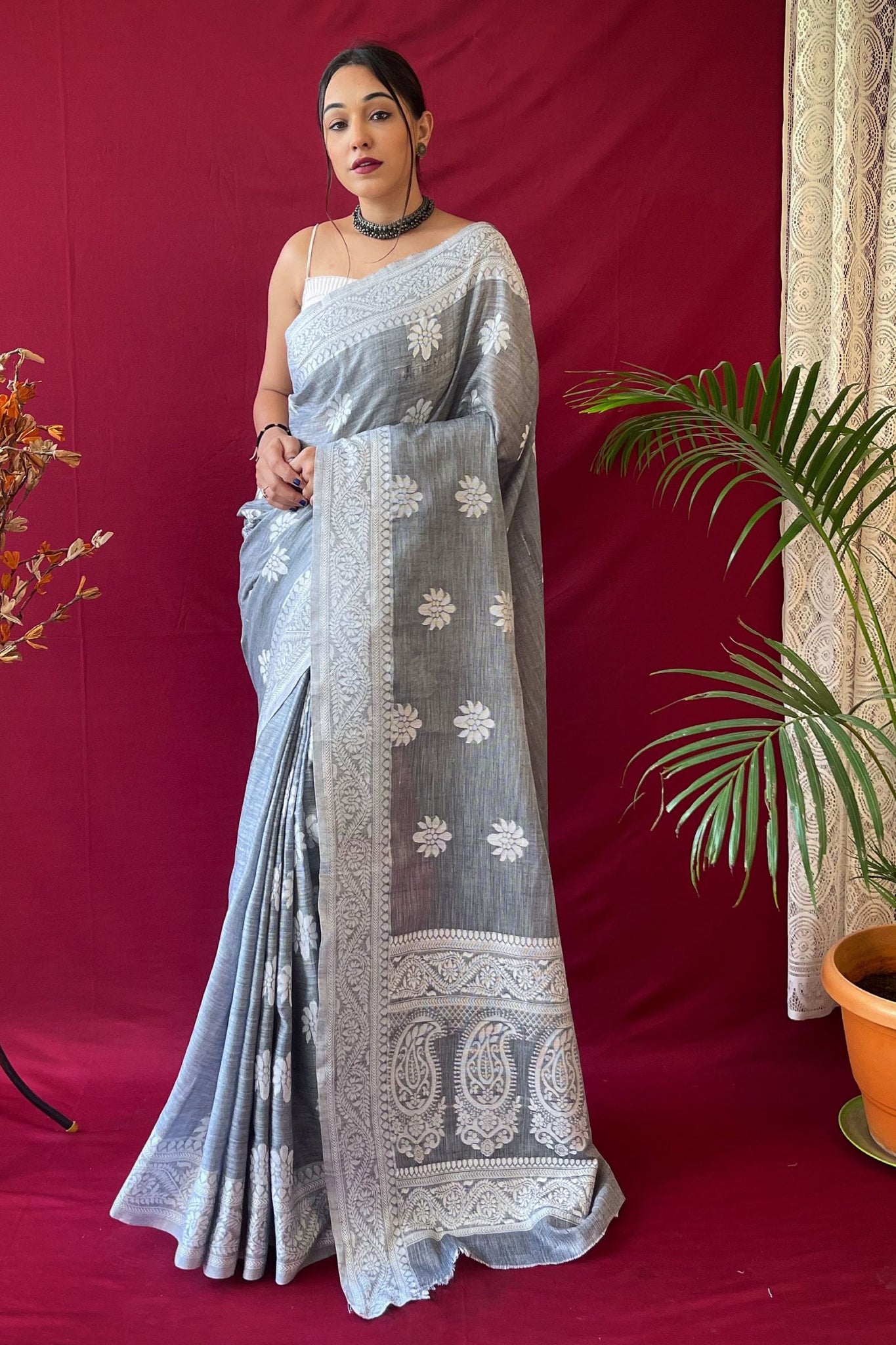 Gray Lucknowi Cotton Linen Saree